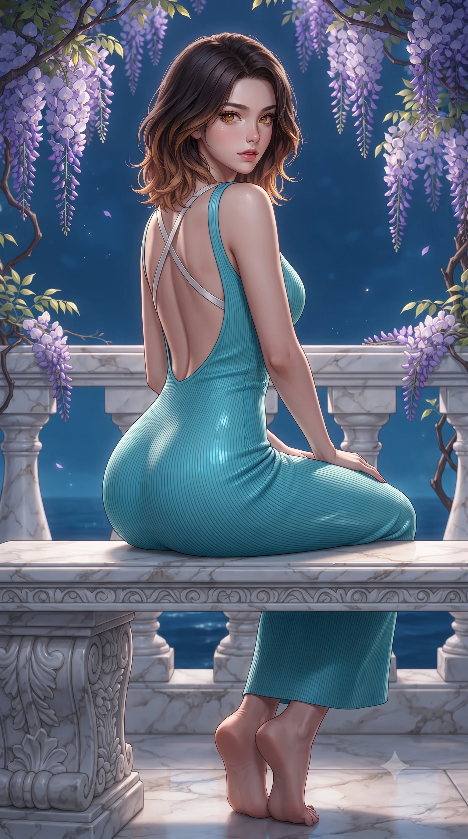 score_9, masterpiece, best quality, ultra-detailed, high-budget anime keyframe, editorial fashion photography, tasteful artistic composition, Korean woman. low angle full-body shot from head to toe showing her feet, filling the entire 9:16 vertical frame with her statuesque presence, stretching her vertical silhouette. posing with back turned slightly to the lens, glancing back with an enchanting, playful smile as she arches her lower back to emphasize her sculpted feminine hips and slender waist while sitting perched on the carved marble bench beneath blooming purple wisteria vines, casting an enchanting, playful smile with bedroom-eyes. The surrounding environment is rendered in vivid detail and crisp panoramic clarity. sharp carved marble balustrade veining, delicate wisteria petal edges, and sea mist clarity in deep focus. She has an exceptionally tall and slender model-like 8.5-heads proportion, an ultra-slim waist, a flat toned midriff, narrow delicate ribcage, and beautifully sculpted feminine hips creating a graceful, slim hourglass silhouette without any bulky heaviness, with impossibly long slender legs. sharp v-shaped jawline, high-bridge nose, sparkling amber-hazel eyes with depth, long lush eyelashes, glossy sun-kissed lips with a warm coral glaze, radiant teasing smile with sensual sunlit bedroom-eyes, exuding effortless old-money elegance and intoxicating sun-drenched allure, flawlessly proportioned anatomical accuracy, strict slender model proportions, natural body alignment, perfectly sculpted long slender limbs, ultra-slim waistline, clean dynamic posture without body distortion. wearing a form-contouring ribbed knit bodycon resort dress with an open-back scoop descending to the base of her spine in refreshing Aegean turquoise and crisp sea-salt white, crafted from fine lightweight breathable linen with an effortless natural drape, finished with criss-cross back satin straps highlighting her graceful shoulder blades, the liquid-tight tailored fabric clinging flawlessly to her narrow waist and rounded feminine hips, emphasizing every millimeter of her sculpted slim hourglass curves without any bulky heaviness. illuminated by deep blue ocean ambient fill and sharp warm-gold rim lights defining her razor-sharp jawline, narrow waist, and curvy hips. ultra-reflective glossy finish, specular highlights, rich textural contrasts, high-contrast stereoscopic depth, volumetric dynamic lighting, 2k, ultra detail, master piece, 9:16 ratio