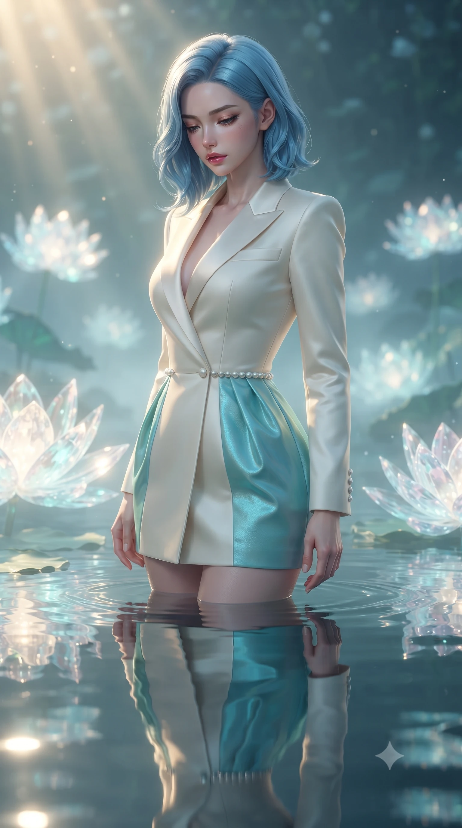 score_9, masterpiece, best quality, ultra-detailed, high-budget anime keyframe, editorial fashion photography, tasteful artistic composition, Korean woman. close-up cowboy shot from the waist and thighs up, the character dominates the composition, filling the frame with her large presence, background elements kept in soft focus. Looking down with lowered lashes and a composed, powerful aura, standing in a tranquil water garden filled with giant glowing crystal lotus blossoms, water surface creating a flawless mirror reflection of her form. She has an exceptionally elegant, slender, and willowy female figure with an ultra-slim waist, a gracefully sculpted slender torso, and a refined silhouette. sharp v-shaped jawline, high-bridge nose, intricate jewel-like eyes with depth, thick eyelashes, glossy lips with a natural sheen. wearing tailored ivory tux dress with satin lapels and fitted waist in pale opal seafoam, made of iridescent turquoise taffeta, adorned with minimalist pearl hardware framing the waistline, contouring every curve with an exceptionally elegant silhouette. lit by clear golden-hour rays cascading through water garden mist. ultra-reflective glossy finish, specular highlights, metallic sheen, high-contrast stereoscopic depth, volumetric dynamic lighting, 2k, ultra detail, master piece, 9:16 ratio