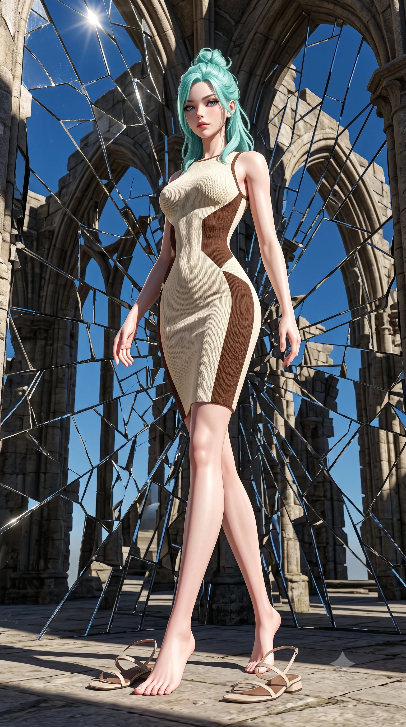 score_9, masterpiece, best quality, ultra-detailed, high-budget anime keyframe, editorial fashion photography, tasteful artistic composition, Japanese woman. low angle full-body shot from head to toe showing her feet, filling the entire 9:16 vertical frame with her statuesque presence, stretching her vertical silhouette. navigating with fluid, playful motion through standing inside an ancient Gothic ruin where the walls are made of shattered mirror shards, reflecting fragmented pieces of a deep blue sky. She has a statuesque 8.5-heads proportion, an exceptionally tall, slender and willowy model-like build with impossibly long legs and a highly sculpted ultra-slim waist. sharp v-shaped jawline, high-bridge nose, intricate jewel-like eyes with depth, thick eyelashes, glossy lips with a natural sheen. wearing a knitted body-mapping dress in cream with chocolate brown side panels that create an optical waist-narrowing effect. bright sun rays bouncing off the broken mirrors, creating sharp, chaotic beams of light and high-contrast shadows. 2k, ultra detail, master piece, 9:16 ratio