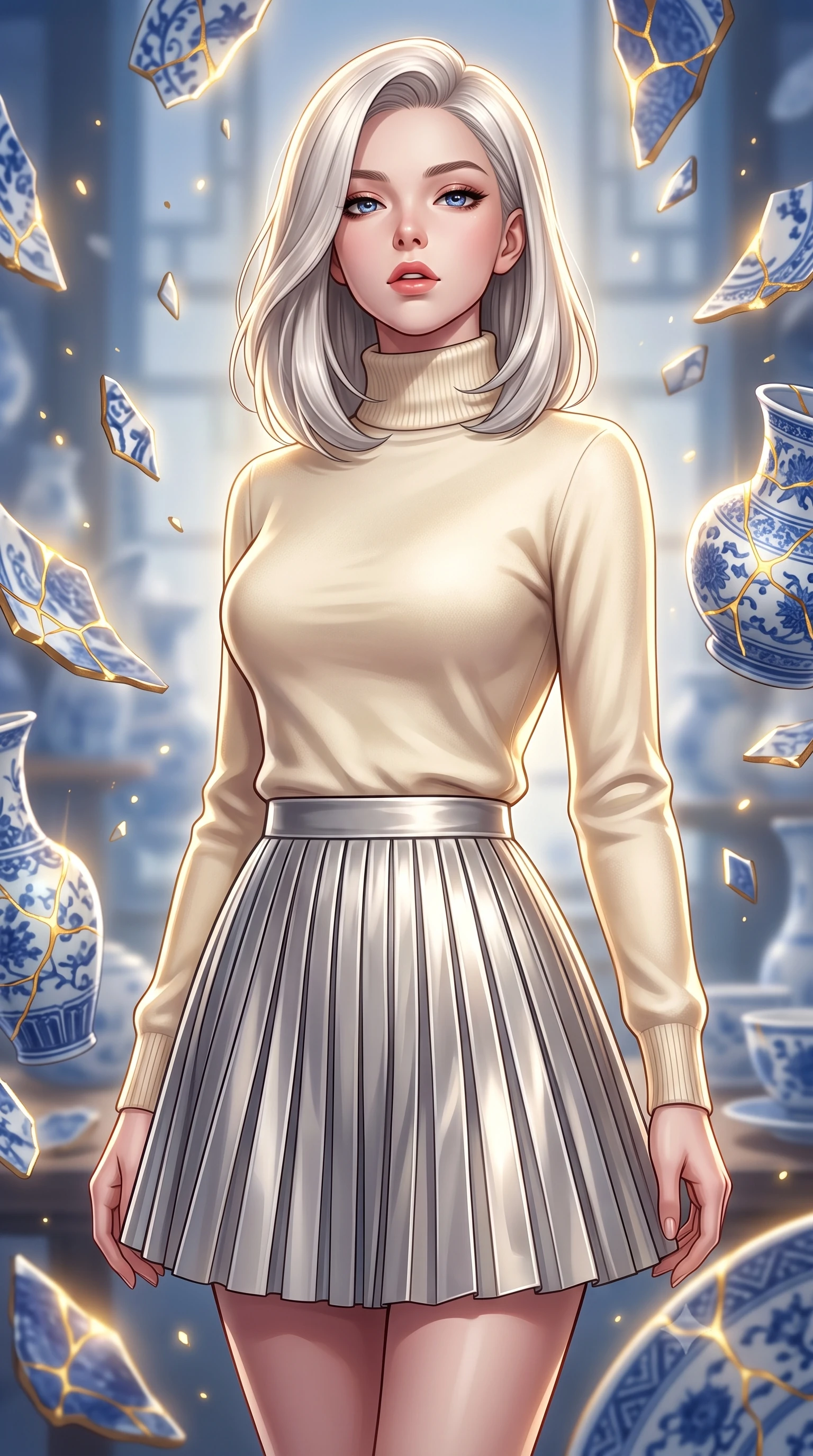 score_9, masterpiece, best quality, ultra-detailed, high-budget anime keyframe, editorial fashion photography, tasteful artistic composition, Caucasian woman woman. close-up cowboy shot from the waist and thighs up, the character dominates the composition, filling the frame with her large presence, background elements kept in soft focus. She has an exceptionally elegant, slender, and willowy female figure with an ultra-slim waist, a gracefully sculpted slender torso, and a refined silhouette. tilting her chin up slightly with lips parted in a composed and alluring expression, flawlessly proportioned anatomical accuracy, natural body alignment, perfectly sculpted elegant limbs, clean dynamic posture without body distortion. set against a soft-focus background of a floating blue porcelain workshop with levitating kintsugi shards. wearing an elegant high-neck cashmere sweater with a pleated metallic silver A-line skirt. bathed in gold ethereal light radiating from gold cracks in floating ceramics with intense inner glow. highly saturated vibrant anime colors, detailed shading with soft gradients, rich glossy textures, high-contrast stereoscopic depth, volumetric dynamic lighting, master piece, 9:16 ratio