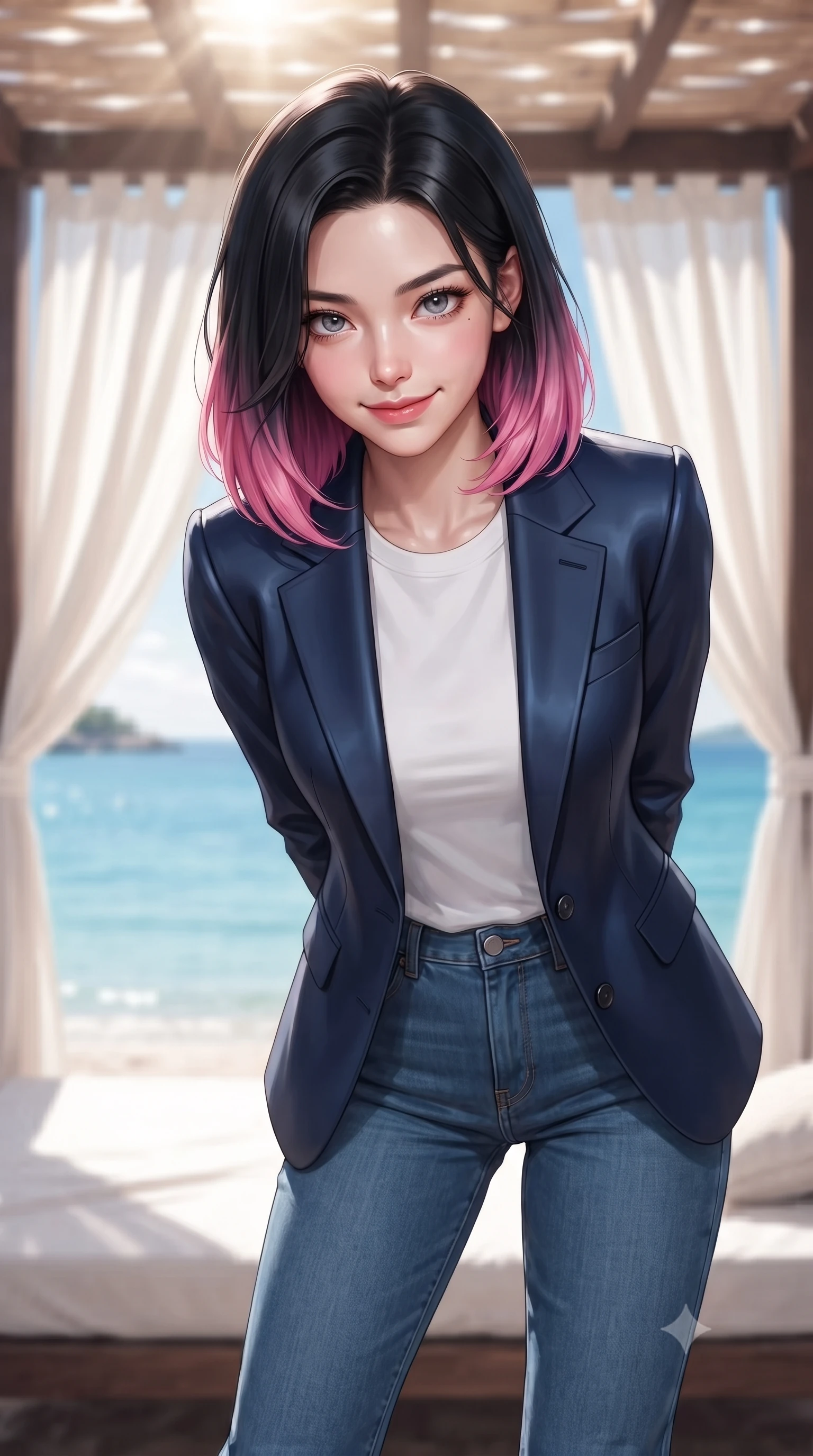 score_9, masterpiece, best quality, ultra-detailed, high-budget anime keyframe, editorial fashion photography, tasteful artistic composition, Korean woman woman. close-up cowboy shot from the waist and thighs up, the character dominates the composition, filling the frame with her large presence, background elements kept in soft focus. leaning slightly forward with a playful, teasing smile, her gaze locked onto the viewer the background shows a soft-focus a beach cabana with white fabric curtains, overlooking a serene blue lagoon. She has an exceptionally elegant, slender, and willowy female figure with an ultra-slim waist, a gracefully sculpted slender torso, and a refined silhouette. sharp v-shaped jawline, high-bridge nose, intricate jewel-like eyes with depth, thick eyelashes, glossy lips with a natural sheen. wearing a body-hugging classic navy blue blazer over a white crewneck shirt and straight-leg blue jeans. dappled sunlight filtering through the cabana roof and drapes. ultra-reflective glossy finish, specular highlights, metallic sheen, high-contrast stereoscopic depth, volumetric dynamic lighting, 2k, ultra detail, master piece, 9:16 ratio