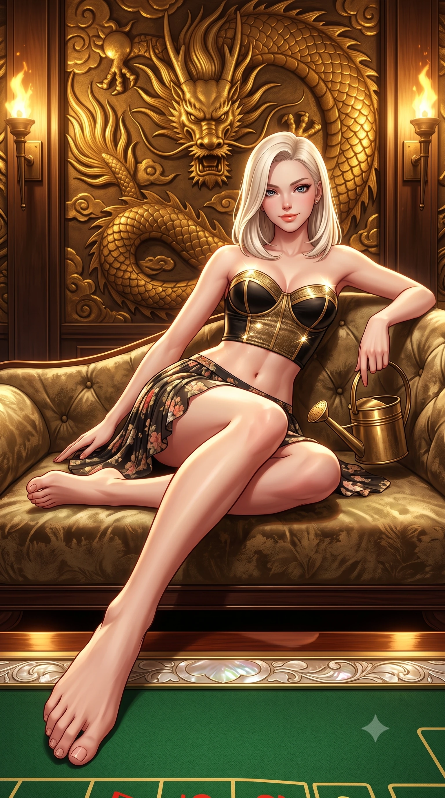 score_9, masterpiece, best quality, ultra-detailed, high-budget anime keyframe, semi-realistic 3D game render, editorial fashion photography, tasteful artistic composition, Caucasian woman. low angle full-body shot from head to toe showing her feet, filling the entire 9:16 vertical frame with her statuesque presence, stretching her vertical silhouette. reclining gracefully across the plush chaise lounge with one leg extended, her sculpted silhouette and flat midriff radiating magnetic nocturnal glamour while twisting her slender torso in an alluring contrapposto stance beside the relief-carved golden dragon wall, torches illuminating her hourglass curves. The surrounding environment is rendered in vivid detail and crisp panoramic clarity: sharp gold-leaf scale carvings on the dragon mural, green felt table weave, and embossed mother-of-pearl plaque edges in deep focus. She has an absolutely perfect, statuesque 8.5-heads proportion, an exceptionally tall and slender model-like female figure with impossibly long slender legs, an ultra-slim waist, a flat toned midriff, narrow delicate ribcage, and beautifully sculpted feminine hips creating a graceful, slim hourglass silhouette without any bulky heaviness. sharp v-shaped jawline, high-bridge nose, sparkling eyes with hypnotic seductive depth, thick curled eyelashes, glossy parted lips with a natural dewy peach sheen, alluring bedroom-eyes with an enchanting coquettish smile, exuding magnetic siren charisma and sophisticated glamour, flawlessly proportioned anatomical accuracy, strict slender model proportions, natural body alignment, perfectly sculpted long slender limbs, ultra-slim waistline, clean dynamic posture without body distortion. wearing a strapless boned satin bustier paired with an airy micro-pleated floral chiffon skirt framing her hourglass hips in dual-tone high-contrast gold-and-black monochrome, woven from stretch metallic lurex jersey casting radiant starlight glints across her silhouette, finished with an antique brass watering can held casually at her side, the second-skin tailored fabric adhering flawlessly to her sculpted flat midriff and slender torso, emphasizing her long leg lines and perfectly proportioned willowy build. illuminated by polished table lacquer bounce and sharp warm-gold rim lights sculpting her jawline, flat midriff, and voluptuous hip curves. highly saturated vibrant anime colors, detailed shading with soft gradients, rich glossy textures, high-contrast stereoscopic depth, volumetric dynamic lighting, master piece, 9:16 ratio