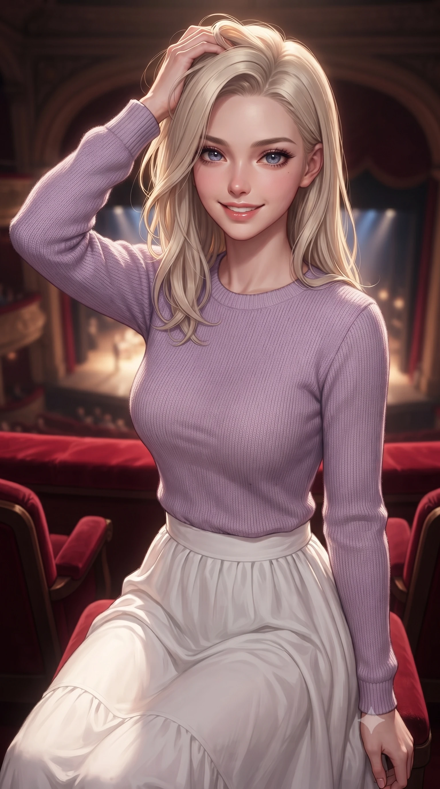 score_9, masterpiece, best quality, ultra-detailed, high-budget anime keyframe, editorial fashion photography, tasteful artistic composition, Caucasian woman. close-up cowboy shot from the waist and thighs up, the character dominates the composition, filling the frame with her large presence, background elements kept in soft focus. smiling with quiet, magnetic self-assurance directly into the camera, running a hand through her hair the background shows a soft-focus an intimate opera box suite with plush velvet seats and a view of the glowing stage. She has an exceptionally elegant, slender, and willowy female figure with an ultra-slim waist, a gracefully sculpted slender torso, and a refined silhouette. sharp v-shaped jawline, high-bridge nose, intricate jewel-like eyes with depth, thick eyelashes, glossy lips with a natural sheen. wearing a slim-fit soft lavender knit sweater paired with a flowy white cotton maxi skirt. dramatic theater stage lights casting a bright key light and deep shadows on her silhouette. ultra-reflective glossy finish, specular highlights, metallic sheen, high-contrast stereoscopic depth, volumetric dynamic lighting, 2k, ultra detail, master piece, 9:16 ratio