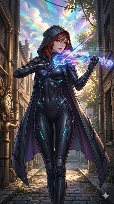 score_9, masterpiece, best quality, ultra-detailed, Set A: High-budget Anime Keyframe, Japanese woman. Upper body close-up from the thighs up, character filling the screen for maximum presence. Theme: Urban Decay. playing a holographic violin in a st