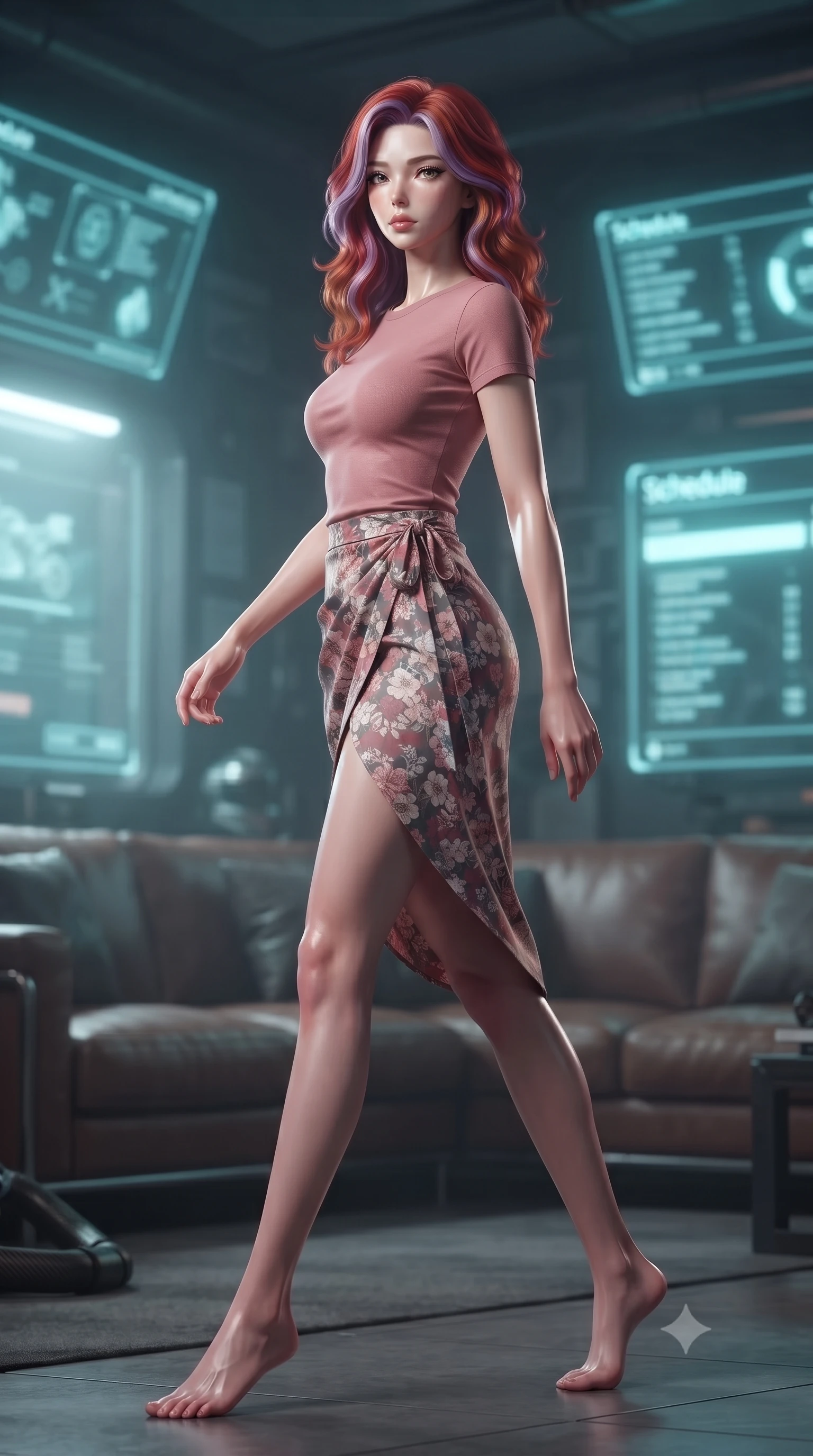score_9, masterpiece, best quality, ultra-detailed, high-budget anime keyframe, editorial fashion photography, tasteful artistic composition, Caucasian woman. low angle full-body shot from head to toe showing her feet, filling the entire 9:16 vertical frame with her statuesque presence, stretching her vertical silhouette. stepping gracefully while looking back over her shoulder, her dress draped tightly to reveal her silhouette the background shows a soft-focus a cyber-garage lounge with leather sofas, carbon tools, and glowing schedules. She has an absolutely perfect, statuesque 8.5-heads proportion, an exceptionally tall and slender model-like female figure with impossibly long slender legs and an ultra-slim waist. sharp v-shaped jawline, high-bridge nose, intricate jewel-like eyes with depth, thick eyelashes, glossy lips with a natural sheen. wearing a slim-fit simple crewneck t-shirt in dusty pink paired with a floral print wrap skirt. soft cyan glow radiating from the screens onto her sharp jawline. ultra-reflective glossy finish, specular highlights, metallic sheen, high-contrast stereoscopic depth, volumetric dynamic lighting, 2k, ultra detail, master piece, 9:16 ratio