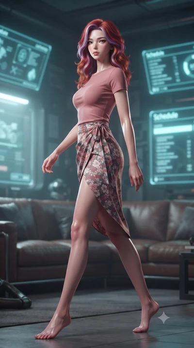 score_9, masterpiece, best quality, ultra-detailed, high-budget anime keyframe, editorial fashion photography, tasteful artistic composition, Caucasian woman. low angle full-body shot from head to toe showing her feet, filling the entire 9:16 vertica