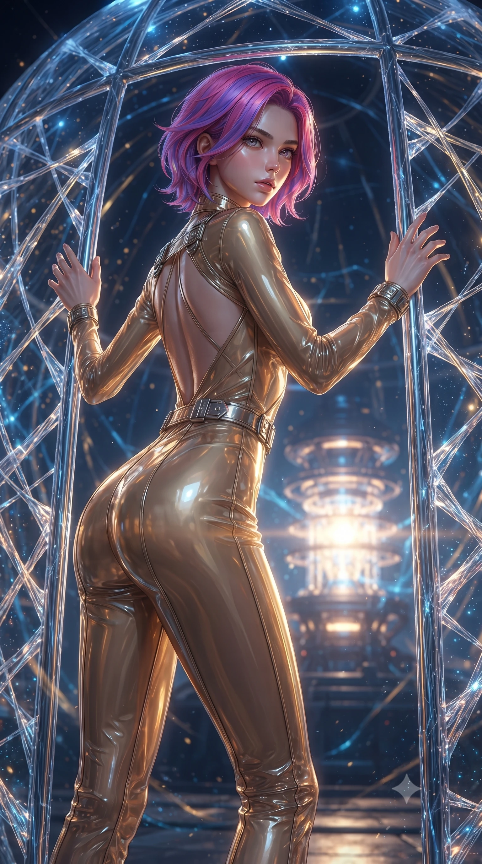 score_9, masterpiece, best quality, ultra-detailed, High-budget Anime Keyframe, editorial fashion photography, tasteful artistic composition, realistic cosplay photography, Caucasian woman, strictly human ears. Low angle cowboy shot filling the entire 9:16 frame with her statuesque presence. Scenario 383: trapped in a cage of glowing crystalline fibers, her body pressing against the bars, in a secret bio-dome containing a giant glowing fusion reactor. Her presence is magnetic and overpowering in this high-budget cinematic scene. Outfit 383: a tailored translucent PVC gold with a backless design and metallic buckles. The clothing is designed to emphasize her exceptionally tall and slender 8-heads proportion. 8-heads proportion, towering silhouette, ultra-slim waist. sharp v-shaped jawline, intricate jewel-like eyes with depth, thick eyelashes, glossy lips. ultra-reflective glossy finish, specular highlights, metallic sheen, high-contrast stereoscopic depth, volumetric dynamic lighting, 2k, ultra detail, master piece, 9:16 ratio