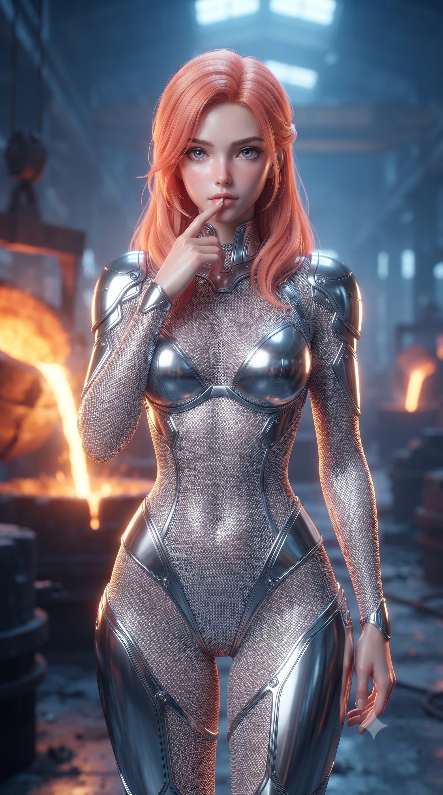 score_9, masterpiece, best quality, ultra-detailed, high-budget anime keyframe, editorial fashion photography, tasteful artistic composition, Japanese woman. close-up cowboy shot from the waist and thighs up, the character dominates the composition, filling the frame with her large presence, background elements kept in soft focus. pressing one finger to her bottom lip in a thoughtful, composed gesture, locking eyes with the viewer, the background shows a soft-focus an industrial smelting yard with molten metal pouring into carbon molds in soft focus. She has an exceptionally elegant, slender, and willowy female figure with an ultra-slim waist, a gracefully sculpted slender torso, and a refined silhouette. sharp v-shaped jawline, high-bridge nose, intricate jewel-like eyes with depth, thick eyelashes, glossy lips with a natural sheen. wearing a form-contouring delicate silver nano-mesh bodysuit with strategically placed chrome armor plate guards covering key curves. hot glowing metal pouring, casting dramatic orange uplight and long shadows. ultra-reflective glossy finish, specular highlights, metallic sheen, high-contrast stereoscopic depth, volumetric dynamic lighting, 2k, ultra detail, master piece, 9:16 ratio