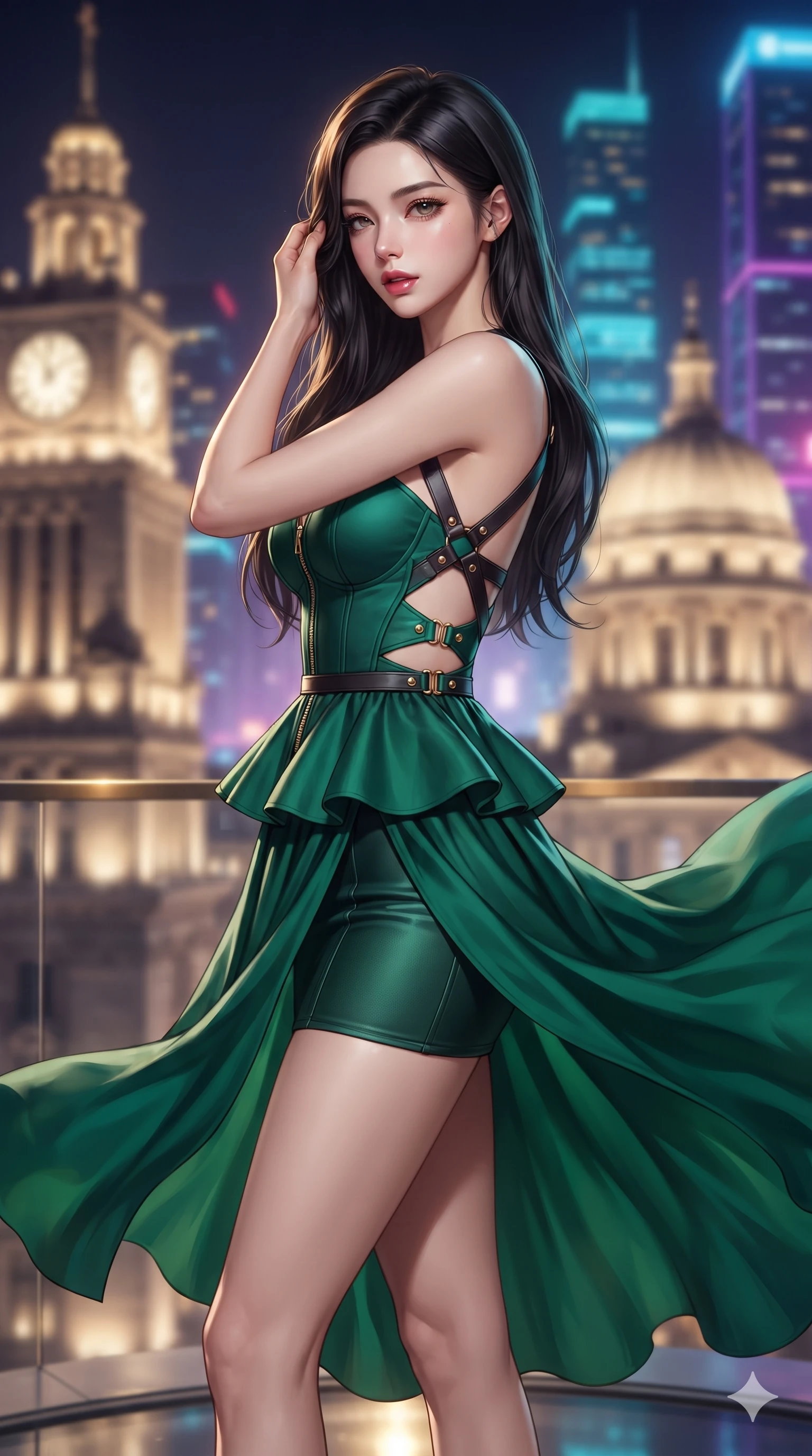 score_9, masterpiece, best quality, ultra-detailed, high-budget anime keyframe, editorial fashion photography, tasteful artistic composition, Korean woman. close-up cowboy shot from the waist and thighs up, the character dominates the composition, filling the frame with her large presence. gently brushing a lock of hair behind her ear while casting a playful, flirtatious side-gaze with long eyelashes while standing poised at the outer edge of the cantilevered deck, arching her lower back with sovereign supermodel grace as river breezes whip her silk dress open. The background shows a soft-focus classical colonial stone clock towers and neoclassical domes blending into soaring cyberpunk neon skyscrapers blurred into gold, cyan, and deep violet bokeh. She has an exceptionally elegant, slender, and willowy female figure with an ultra-slim waist, flat toned midriff, narrow ribcage, and sculpted feminine hips creating an alluring, slim hourglass silhouette without bulk. sharp v-shaped jawline, high-bridge nose, intricate jewel-like sparkling eyes with depth, thick eyelashes, glossy parted lips with a natural sheen, intensely captivating and seductive bedroom-eyes expression, exuding both youthful cute charm and sovereign luxury allure, flawlessly proportioned anatomical accuracy, strict slender model proportions, natural body alignment, perfectly sculpted long slender limbs, ultra-slim waistline, clean dynamic posture without body distortion. wearing a modern peplum corset dress with side-waist diamond cutouts and an ultra-tight silhouette in deep emerald green satin and gold hardware accents, woven from buttery-soft stretch lambskin leather adhering to her body like a second skin, featuring an open-back criss-cross harness strap in dark leather, the impeccably tailored cut draping gracefully along her slender figure with aristocratic poise. illuminated by glass floor bounce and sharp gold-cyan rim lights defining her razor-sharp jawline, narrow waist, and curvy hips. ultra-reflective glossy finish, specular highlights, rich textural contrasts, high-contrast stereoscopic depth, volumetric dynamic lighting, 2k, ultra detail, master piece, 9:16 ratio