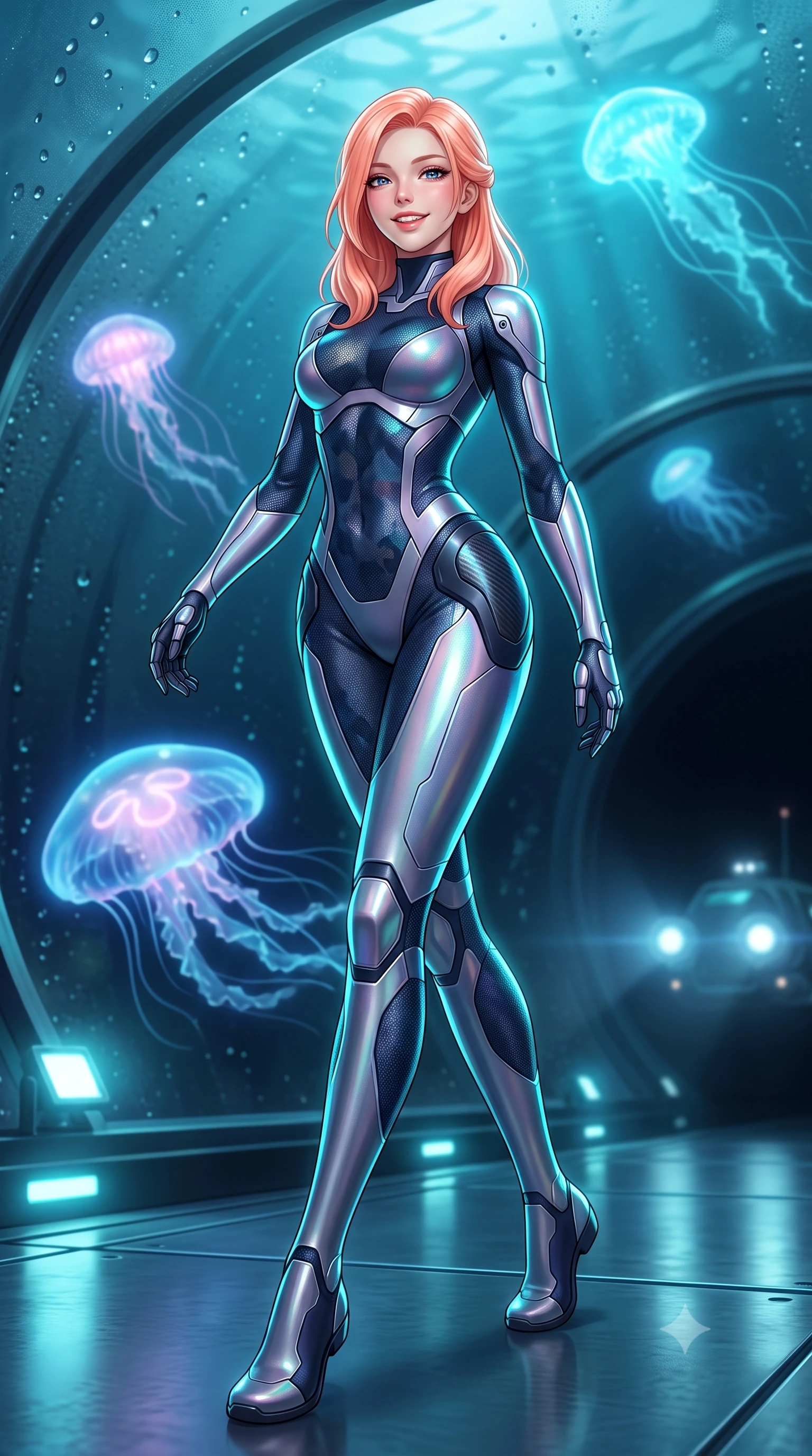 score_9, masterpiece, best quality, ultra-detailed, high-budget anime keyframe, semi-realistic 3D game render, editorial fashion photography, tasteful artistic composition, Japanese woman. low angle full-body shot from head to toe showing her feet, filling the entire 9:16 vertical frame with her statuesque presence, stretching her vertical silhouette. striding forward gracefully across the reflective metal deck in mid-motion with a radiant beaming smile, hips swaying in an alluring kinetic rhythm that accentuates her curvy hourglass silhouette and long slender legs while standing inside the colossal pressurized acrylic dome facing the pitch-black abyss, arching her back as giant glowing sea creatures glide by. The background shows a soft-focus condensation beads on curved dome glass and distant research submarine headlights softened in moody aquatic shallow focus. She has an absolutely perfect, statuesque 8.5-heads proportion, an exceptionally tall and slender model-like female figure with impossibly long slender legs, an ultra-slim waist, a flat toned midriff, narrow delicate ribcage, and beautifully sculpted feminine hips creating a graceful, slim hourglass silhouette without any bulky heaviness. sharp v-shaped jawline, high-bridge nose, intricate jewel-like sparkling eyes with depth, thick eyelashes, glossy parted lips with a natural sheen, bright confident smile with an enchanting and coquettish sensual glint, exuding both youthful magnetic charm and sovereign high-tech allure, flawlessly proportioned anatomical accuracy, strict slender model proportions, natural body alignment, perfectly sculpted long slender limbs, ultra-slim waistline, clean dynamic posture without body distortion. wearing a second-skin cybernetic stealth suit with active-camo optical mesh and sculpted carbon hip guards in midnight navy blue and holographic iridescent shimmer, tailored from brushed aeronautical titanium alloy with matte satin sheen, accented with strategically placed chrome armor plate guards covering key curves, the high-waisted tailoring accentuating her ultra-slim waistline and the enchanting curve of her feminine hips with alluring dark charm. illuminated by external submarine floodlights and sharp cyan rim lights carving her razor-sharp jawline, narrow waist, and curvy hips. highly saturated vibrant anime colors, detailed shading with soft gradients, rich glossy textures, high-contrast stereoscopic depth, volumetric dynamic lighting, master piece, 9:16 ratio