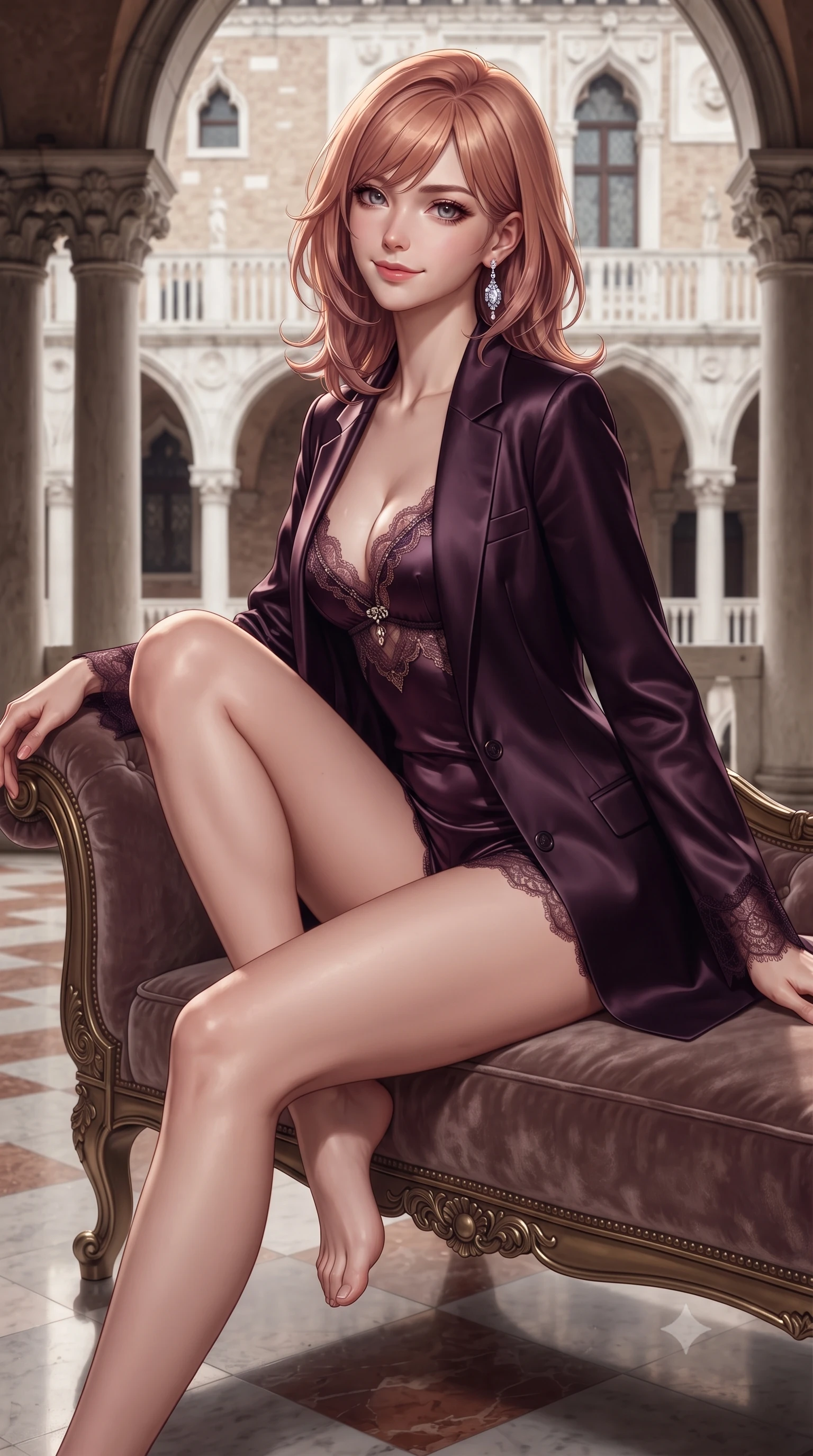 score_9, masterpiece, best quality, ultra-detailed, high-budget anime keyframe, editorial fashion photography, tasteful artistic composition, Japanese woman. close-up cowboy shot from the waist and thighs up, the character dominates the composition, filling the frame with her large presence. perched sideways on the lounge seat, one knee drawn up to showcase her slender leg line while her arched back accentuates her feminine hip curve while lounging in the vintage velvet chaise inside the open loggia, her long slender legs and flat midriff radiating effortless aristocratic sensuality. The surrounding environment is rendered in vivid detail and crisp panoramic clarity: detailed backless halterneck satin slip gown drape, dangling diamond earring sparkle, and Renaissance architectural craft in high resolution. She has an exceptionally elegant, slender, and willowy female figure with an ultra-slim waist, flat toned midriff, narrow ribcage, and sculpted feminine hips creating an alluring, slim hourglass silhouette without bulk. sharp v-shaped jawline, high-bridge nose, sparkling eyes with hypnotic seductive depth, thick curled eyelashes, glossy parted lips with a natural dewy peach sheen, alluring bedroom-eyes with an enchanting coquettish smile, exuding magnetic siren charisma and sophisticated glamour, flawlessly proportioned anatomical accuracy, strict slender model proportions, natural body alignment, perfectly sculpted long slender limbs, ultra-slim waistline, clean dynamic posture without body distortion. wearing a tailored open-front satin smoking jacket worn over a jewel-embellished bandeau and micro-shorts in rich dark plum violet and gilded antique brass, crafted from fluid liquid silk satin that clings smoothly to every curve with a dewy sheen, finished with scalloped eyelash lace trim framing her sweetheart neckline with intimate elegance, the glove-like clinging cut tightly following the natural contour of her hips and long slender legs with youthful 8.5-heads elegance. illuminated by polished marble floor reflections and sharp platinum-gold rim lights defining her razor-sharp jawline, narrow waist, and curvy hips. ultra-reflective glossy finish, specular highlights, rich textural contrasts, high-contrast stereoscopic depth, volumetric dynamic lighting, 2k, ultra detail, master piece, 9:16 ratio