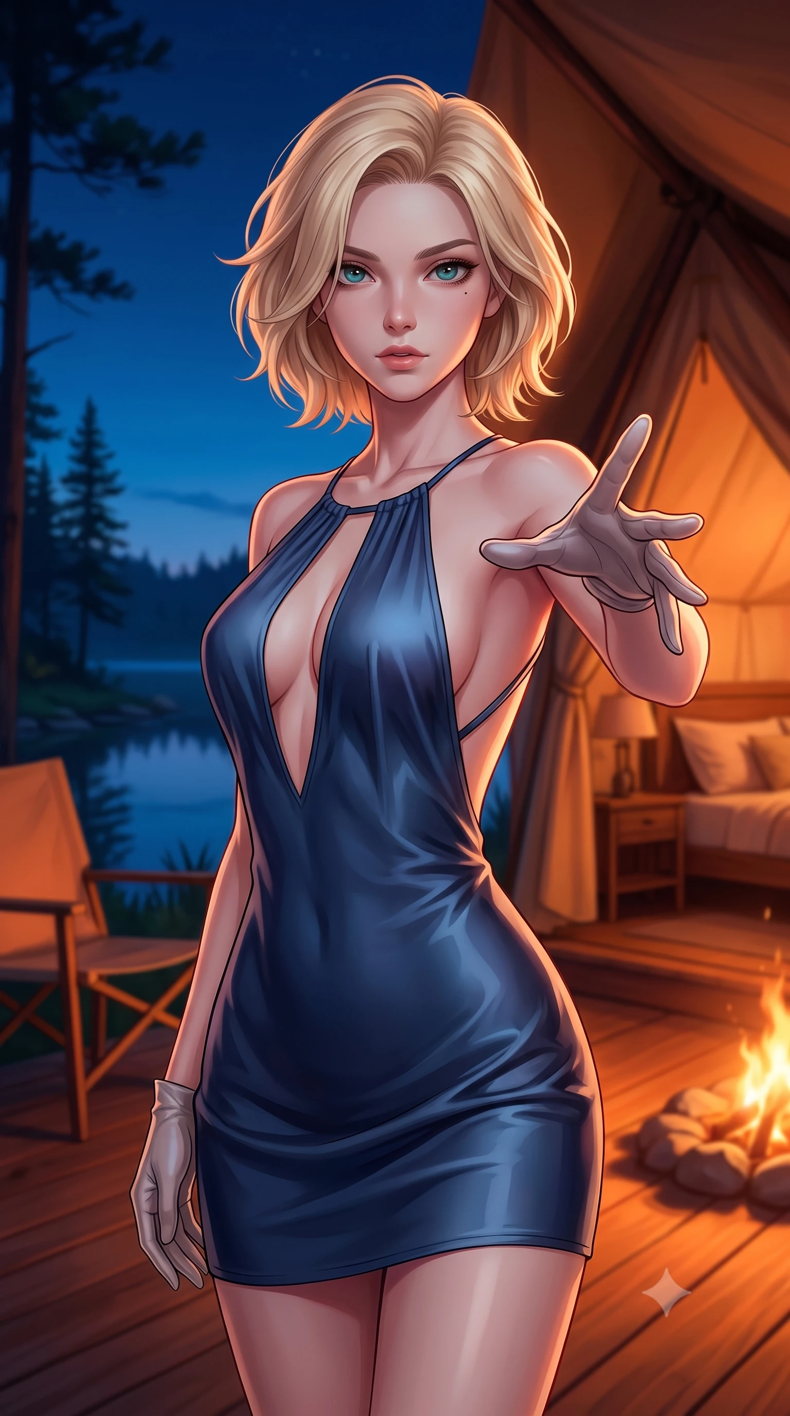 score_9, masterpiece, best quality, ultra-detailed, high-budget anime keyframe, editorial fashion photography, tasteful artistic composition, Caucasian woman woman. close-up cowboy shot from the waist and thighs up, the character dominates the composition, filling the frame with her large presence, background elements kept in soft focus. She has an exceptionally elegant, slender, and willowy female figure with an ultra-slim waist, a gracefully sculpted slender torso, and a refined silhouette. reaching one hand toward the viewer with relaxed elegance, her gaze holding quiet authority, flawlessly proportioned anatomical accuracy, natural body alignment, perfectly sculpted elegant limbs, clean dynamic posture without body distortion. set against a soft-focus background of a luxury canvas tent deck overlooking a quiet pine lake at dusk. wearing a plunging keyhole neck silk slip dress with an open-back design and cross-strap detailing. bathed in warm campfire glow contrasting with the deep twilight blue night sky. highly saturated vibrant anime colors, detailed shading with soft gradients, rich glossy textures, high-contrast stereoscopic depth, volumetric dynamic lighting, master piece, 9:16 ratio