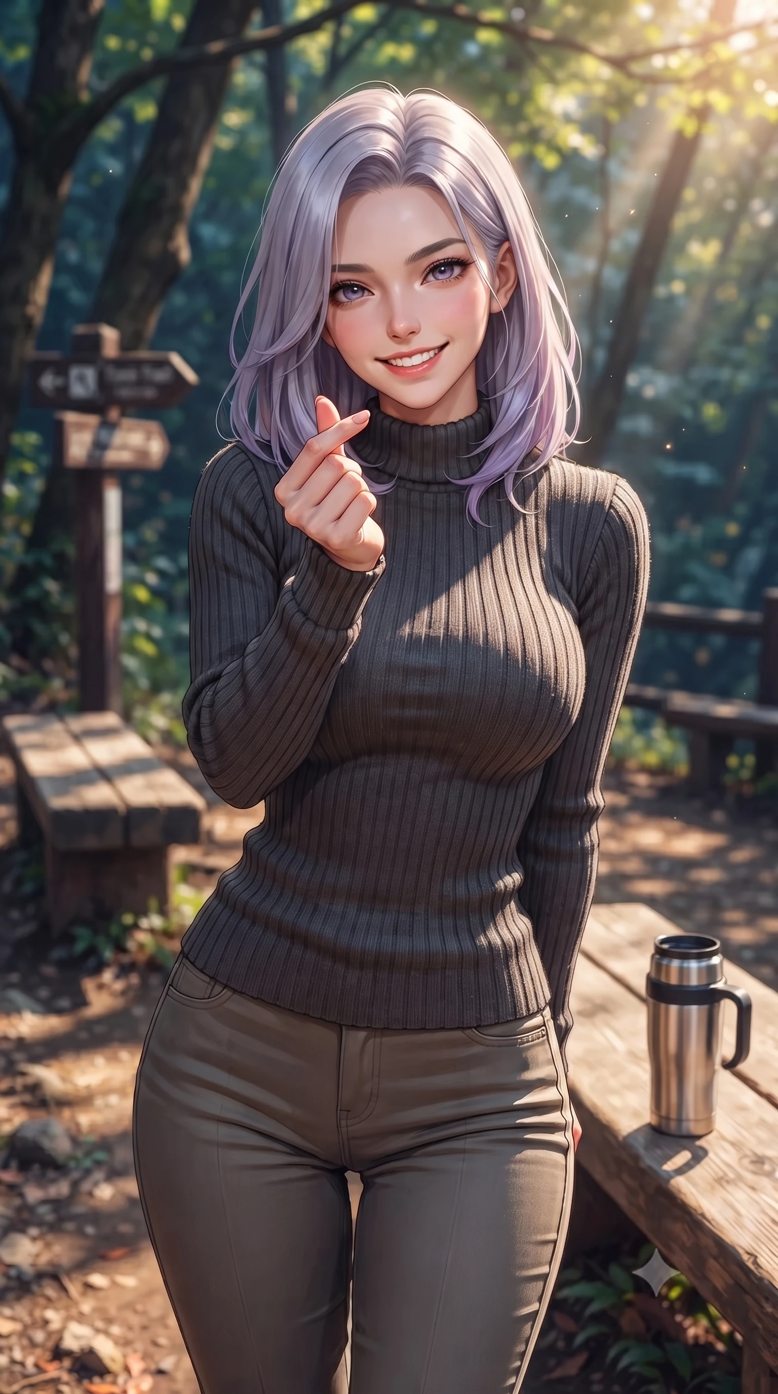score_9, masterpiece, best quality, ultra-detailed, high-budget anime keyframe, editorial fashion photography, tasteful artistic composition, Caucasian woman. close-up cowboy shot from the waist and thighs up, the character dominates the composition, filling the frame with her large presence, background elements kept in soft focus. flashing a bright, sunny grin, holding her fingers in a cute small heart shape set against a soft-focus background of at a rest area along a scenic valley hiking trail with wooden benches holding a thermos mug of warm tea, smiling cozy at the camera. She has an exceptionally elegant, slender, and willowy female figure with an ultra-slim waist, a gracefully sculpted slender torso, and a refined silhouette. sharp v-shaped jawline, high-bridge nose, intricate jewel-like eyes with depth, thick eyelashes, glossy lips with a natural sheen. wearing body-hugging body-hugging ribbed knit sweater in charcoal, paired with slim-fit trousers. cool forest shadows contrasting with warm shafts of sunbeams. highly saturated vibrant anime colors, detailed shading with soft gradients, rich glossy textures, high-contrast stereoscopic depth, volumetric dynamic lighting, master piece, 9:16 ratio