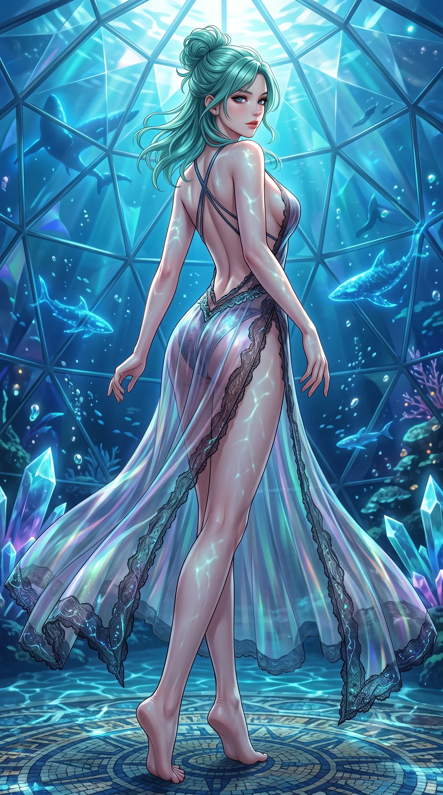 score_9, masterpiece, best quality, ultra-detailed, high-budget anime keyframe, semi-realistic 3D game render, editorial fashion photography, tasteful artistic composition, Japanese woman. low angle full-body shot from head to toe showing her feet, filling the entire 9:16 vertical frame with her statuesque presence, stretching her vertical silhouette. pivoting dynamically in mid-motion with a breathtakingly alluring posture, displaying her flawless model proportions and ultra-slim waist while stretching forward with an alluring S-curve silhouette as deep ocean caustics illuminate her torso. The surrounding environment is rendered in vivid detail and crisp panoramic clarity. intricate crystal dome geometric facets, swimming bioluminescent leviathan silhouettes, and clear caustics in deep focus. She has an absolutely perfect, statuesque 8.5-heads proportion, an exceptionally tall and slender model-like female figure with impossibly long slender legs and an ultra-slim waist. sharp v-shaped jawline, high-bridge nose, intricate jewel-like eyes with depth, thick eyelashes, glossy lips with a natural sheen, flawlessly proportioned anatomical accuracy, natural body alignment, perfectly sculpted elegant limbs, clean dynamic posture without body distortion. wearing a translucent iridescent chiffon gown with a plunging neckline, high dual thigh slits, and an open back in translucent smoky quartz and iridescent holographic sheen, crafted from delicate dark lace interwoven with luminescent micro-fibers, complemented by criss-cross back straps highlighting her completely bare spine, the liquid-tight fabric adhering flawlessly to her sculpted torso and slender silhouette. surrounded by a mysterious, hypnotic, and breathtakingly sensual deep-sea sanctuary ambiance. highly saturated vibrant anime colors, detailed shading with soft gradients, rich glossy textures, high-contrast stereoscopic depth, volumetric dynamic lighting, master piece, 9:16 ratio