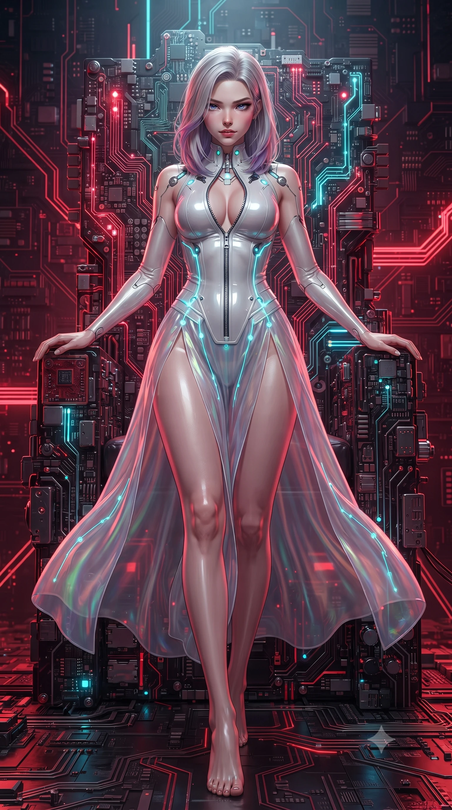 score_9, masterpiece, best quality, ultra-detailed, high-budget anime keyframe, editorial fashion photography, tasteful artistic composition, Caucasian woman. low angle full-body shot from head to toe showing her feet, filling the entire 9:16 vertical frame with her statuesque presence, stretching her vertical silhouette. striding forward in a proud, statuesque motion with a dangerous smolder, her vertical silhouette dominating the frame from head to toe while seated dynamically on a commanding throne of calcified logic boards and glowing red circuits. The surrounding environment is rendered in vivid detail and crisp panoramic clarity. intricate circuit board textures, glowing crimson conduits, and polished obsidian throne details in deep focus. She has an absolutely perfect, statuesque 8.5-heads proportion, an exceptionally tall and slender model-like female figure with impossibly long slender legs and an ultra-slim waist. sharp v-shaped jawline, high-bridge nose, intricate jewel-like eyes with depth, thick eyelashes, glossy lips with a natural sheen, flawlessly proportioned anatomical accuracy, natural body alignment, perfectly sculpted elegant limbs, clean dynamic posture without body distortion. wearing a translucent iridescent chiffon gown with a plunging neckline, high dual thigh slits, and an open back in pure snow white latex and glowing cyan circuit seams, crafted from ultra-reflective second-skin latex with a glass-like polish, featuring a dangerously unzipped neckline framed by glowing cybernetic accents, the liquid-tight fabric adhering flawlessly to her sculpted torso and slender silhouette. illuminated by deep ruby red ambient glow and crisp silver specular highlights. ultra-reflective glossy finish, specular highlights, metallic sheen, high-contrast stereoscopic depth, volumetric dynamic lighting, 2k, ultra detail, master piece, 9:16 ratio