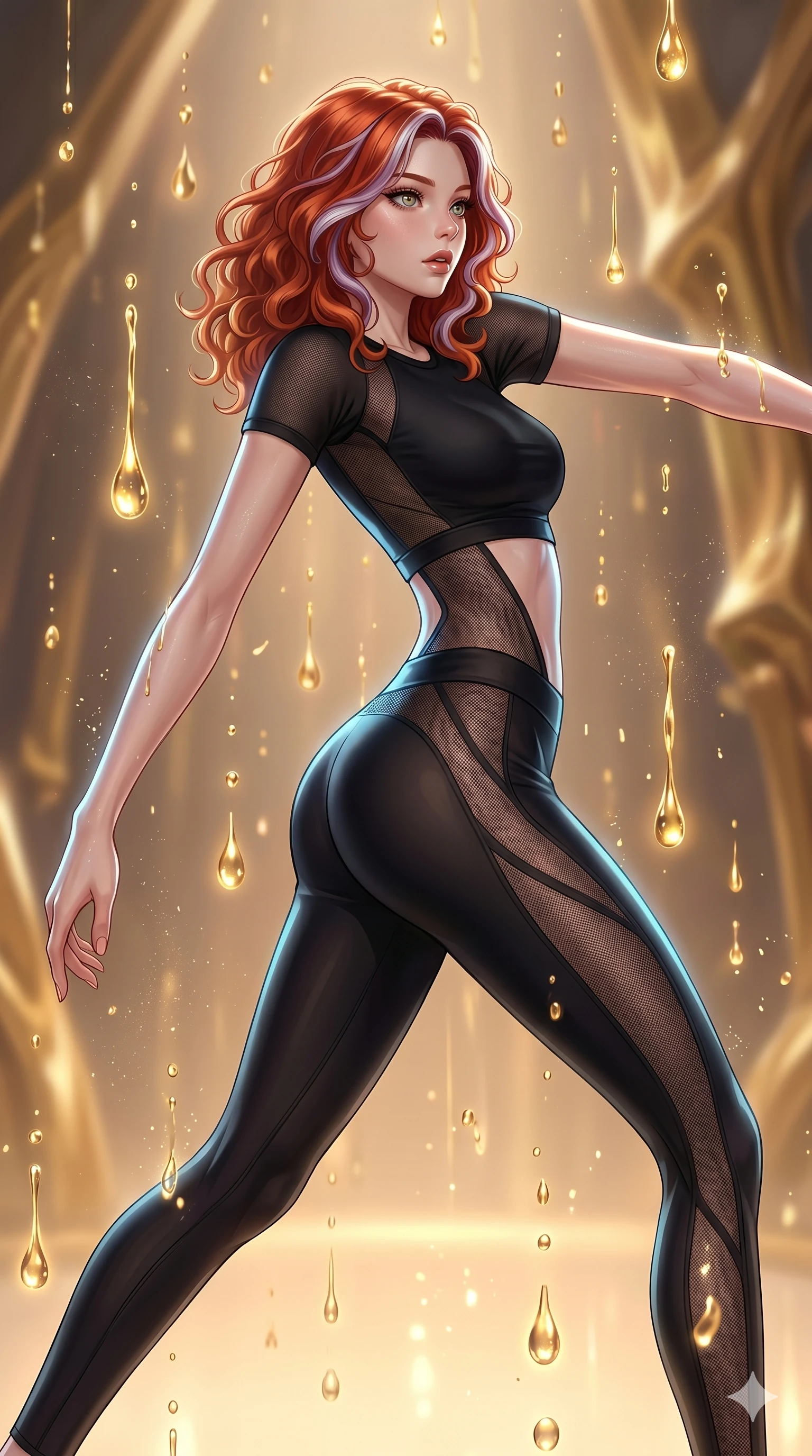 score_9, masterpiece, best quality, ultra-detailed, high-budget anime keyframe, Caucasian woman, strictly human ears. upper body close-up from the thighs up, character filling the screen for maximum presence. dodging ethereal liquid gold rain that rises upward from the ground in warm shimmering droplets under an inverted gravity field. She has an absolutely perfect 8-heads proportion, an exceptionally tall and slender female figure with impossibly long slender legs and an ultra-slim waist. V-shaped jawline, high-bridge nose, intricate jewel-like eyes with depth, thick eyelashes, glossy lips with a natural sheen.. wearing a sheer mesh athleisure set, featuring a tight matte black top and leggings with semi-opaque mesh panels tracing the curves of her waist and thighs. lit by a soft glowing ambient light and a sharp side key light that traces the sleek contours of her athletic build. 2k, ultra detail, master piece, 9:16 ratio