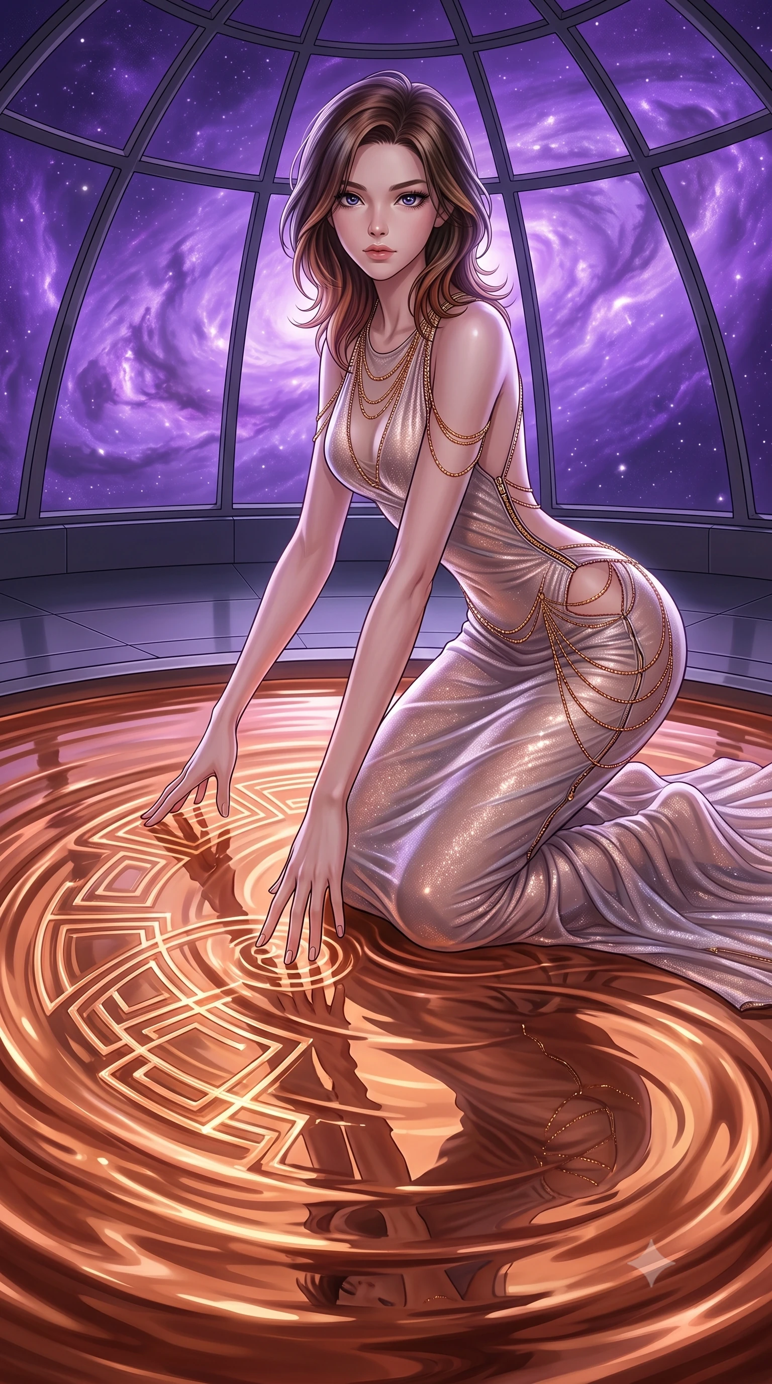 score_9, masterpiece, best quality, ultra-detailed, High-budget Anime Keyframe, East Asian woman. Dynamic full-body shot stretching the vertical silhouette to the limit. Scenario 372: tracing geometric patterns in a pool of warm liquid copper inside a high-altitude observatory dome under a swirling violet nebula. Her presence is magnetic and overpowering in this high-budget anime scene. Outfit 372: a body-hugging shimmering chiffon long with a unzipped detail and fine gold chains. The clothing is designed to emphasize her exceptionally tall and slender 8-heads proportion. 8-heads proportion, towering silhouette, ultra-slim waist. sharp v-shaped jawline, intricate jewel-like eyes with depth, thick eyelashes, glossy lips. 2k, ultra detail, master piece, 9:16 ratio