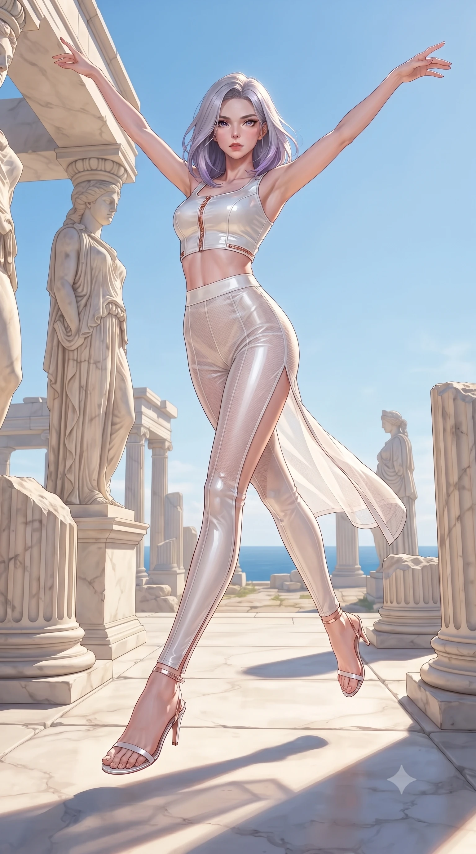 score_9, masterpiece, best quality, ultra-detailed, high-budget anime keyframe, editorial fashion photography, tasteful artistic composition, Caucasian woman. low angle full-body shot from head to toe showing her feet, filling the entire 9:16 vertical frame with her statuesque presence, stretching her vertical silhouette. leaping gracefully through the environment with statuesque elegance and long slender legs standing among classical Greek marble statues in an open-air sunlit acropolis, crisp architectural shadow lines cast by tall marble columns. She has an absolutely perfect, statuesque 8.5-heads proportion, an exceptionally tall and slender model-like female figure with impossibly long slender legs and an ultra-slim waist. sharp v-shaped jawline, high-bridge nose, intricate jewel-like eyes with depth, thick eyelashes, glossy lips with a natural sheen. wearing a glossy vinyl crop top and high-waist tailored leggings with sleek zippers in pearl white and rose gold, woven from fine semi-opaque sheer organza, finished with a sleek side slit ascending to mid-thigh, the form-contouring material highlighting her ultra-slim waist and long lines. bathed in brilliant golden sunbeams and crisp sky blue ambient light. highly saturated vibrant anime colors, detailed shading with soft gradients, rich glossy textures, high-contrast stereoscopic depth, volumetric dynamic lighting, master piece, 9:16 ratio