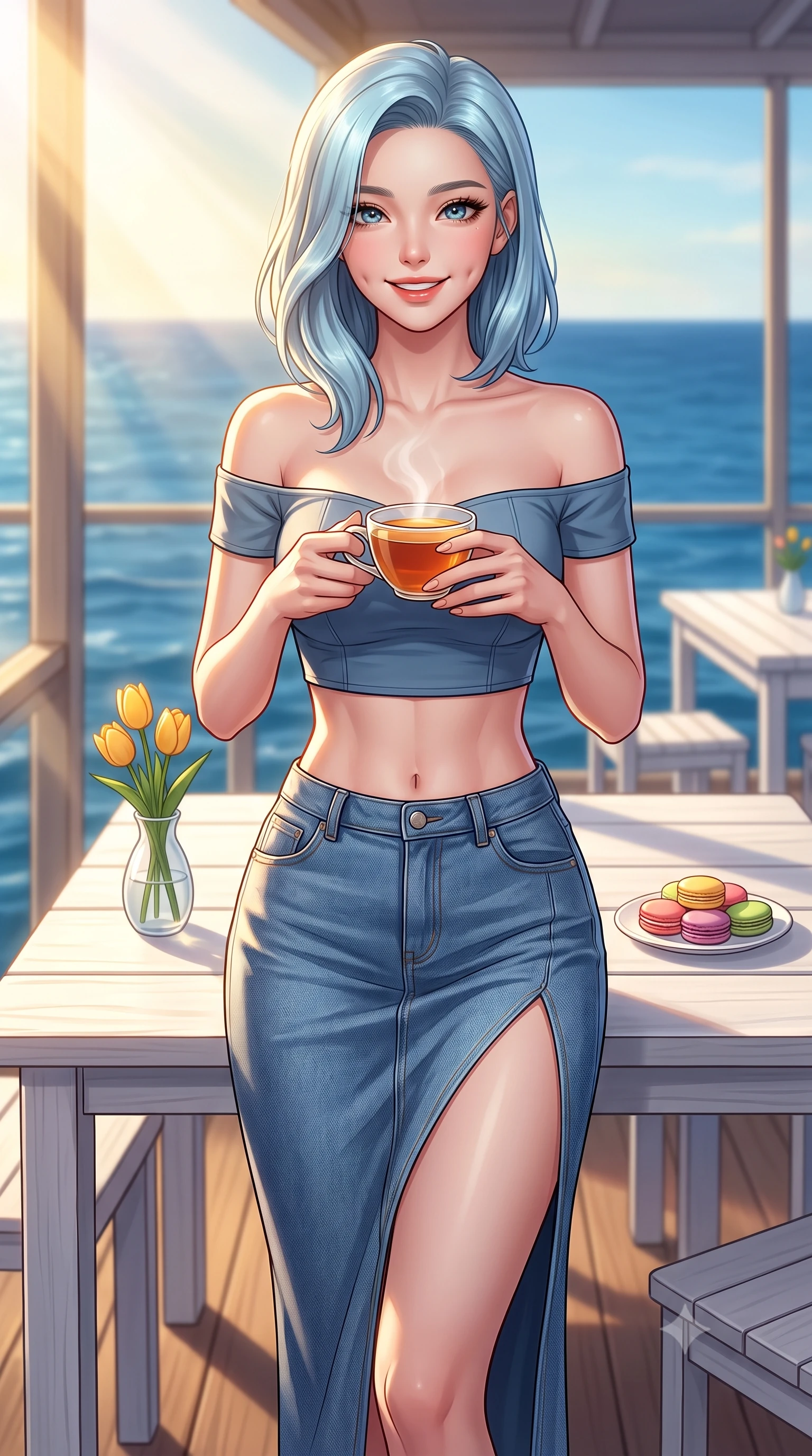 score_9, masterpiece, best quality, ultra-detailed, high-budget anime keyframe, editorial fashion photography, tasteful artistic composition, Korean woman. close-up cowboy shot from the waist and thighs up, the character dominates the composition, filling the frame with her large presence, background elements kept in soft focus. smiling with soft, cute dimples, holding a warm cup of tea with both hands set against a soft-focus background of at a seaside cafe deck with white wooden tables and views of the blue water with a small vase of yellow tulips and a plate of colorful macarons on the table. She has an exceptionally elegant, slender, and willowy female figure with an ultra-slim waist, a gracefully sculpted slender torso, and a refined silhouette. sharp v-shaped jawline, high-bridge nose, intricate jewel-like eyes with depth, thick eyelashes, glossy lips with a natural sheen. wearing tailored stylish off-shoulder crop top paired with a high-slit denim midi skirt. warm morning sunbeams filtering through the large front glass windows. highly saturated vibrant anime colors, detailed shading with soft gradients, rich glossy textures, high-contrast stereoscopic depth, volumetric dynamic lighting, master piece, 9:16 ratio