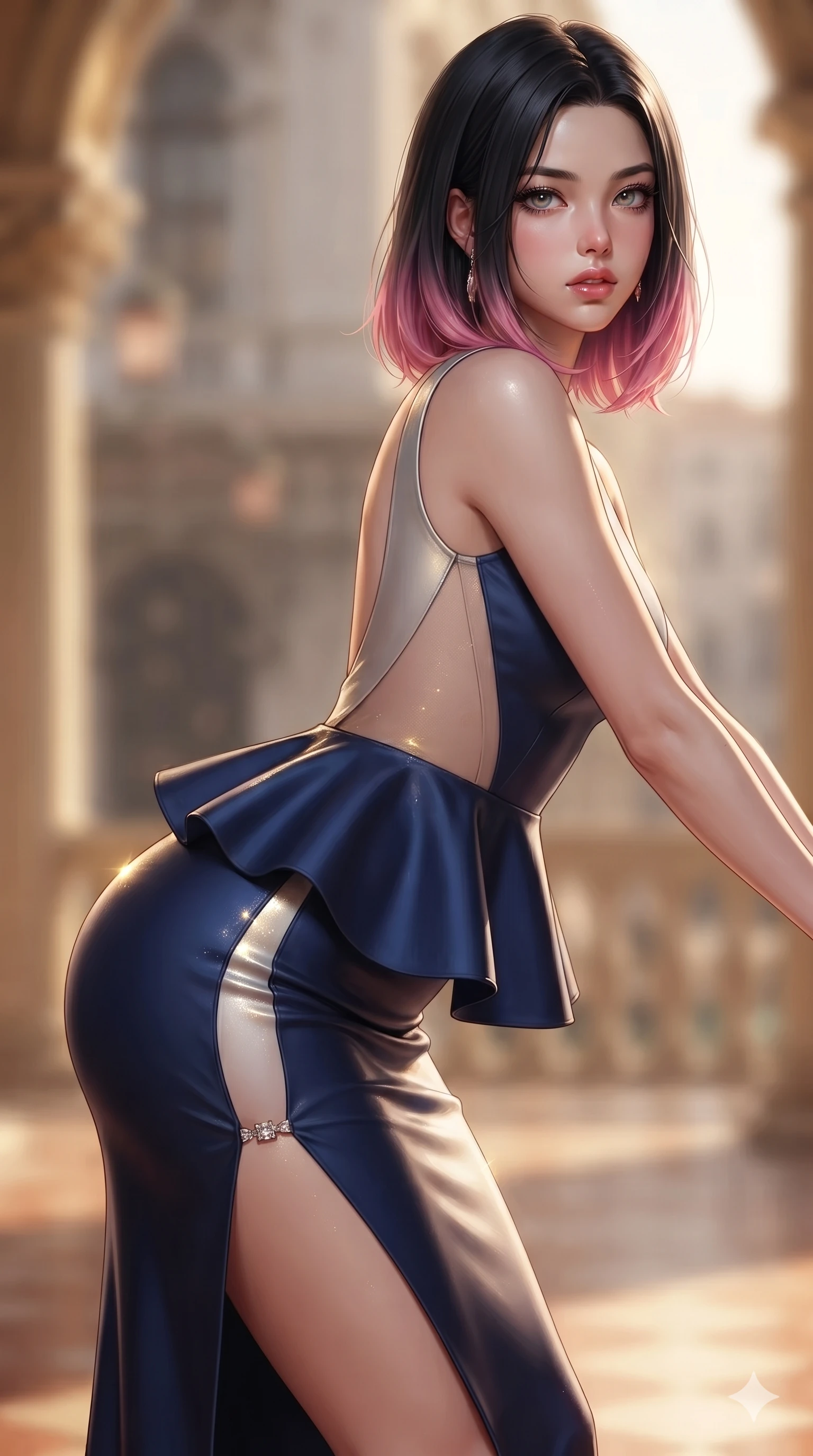 score_9, masterpiece, best quality, ultra-detailed, high-budget anime keyframe, editorial fashion photography, tasteful artistic composition, Korean woman. close-up cowboy shot from the waist and thighs up, the character dominates the composition, filling the frame with her large presence. leaning forward while arching her lower back to accentuate her curvy hips, looking into the camera with an intoxicating smoldering gaze and bedroom-eyes while twisting her slender torso in an alluring contrapposto stance, shimmering gold-leaf reflections and canal speculars tracing her narrow waist and curvy hips. The background shows a soft-focus Venetian morning atmospheric shimmer softened in gilded loggia shallow focus. She has an exceptionally elegant, slender, and willowy female figure with an ultra-slim waist, flat toned midriff, narrow ribcage, and sculpted feminine hips creating an alluring, slim hourglass silhouette without bulk. sharp v-shaped jawline, high-bridge nose, intricate jewel-like sparkling eyes with depth, thick eyelashes, glossy parted lips with a natural sheen, intensely captivating and seductive bedroom-eyes expression, exuding both youthful cute charm and sovereign luxury allure, flawlessly proportioned anatomical accuracy, strict slender model proportions, natural body alignment, perfectly sculpted long slender limbs, ultra-slim waistline, clean dynamic posture without body distortion. wearing a structural geometric peplum gown with sheer side-ribbon cutouts and form-fitting skirt in midnight sapphire blue and liquid platinum, made of fluid liquid jersey with seamless sculpting hold and smooth contours, finished with an ultra-high side slit secured by miniature jeweled clasps, the precision-cut side openings and low-back scoop framing her graceful spine and the sensual sweep of her slim, toned hips. illuminated by terracotta floor bounce and sharp champagne-gold rim lights defining her razor-sharp jawline, narrow waist, and curvy hips. ultra-reflective glossy finish, specular highlights, rich textural contrasts, high-contrast stereoscopic depth, volumetric dynamic lighting, 2k, ultra detail, master piece, 9:16 ratio