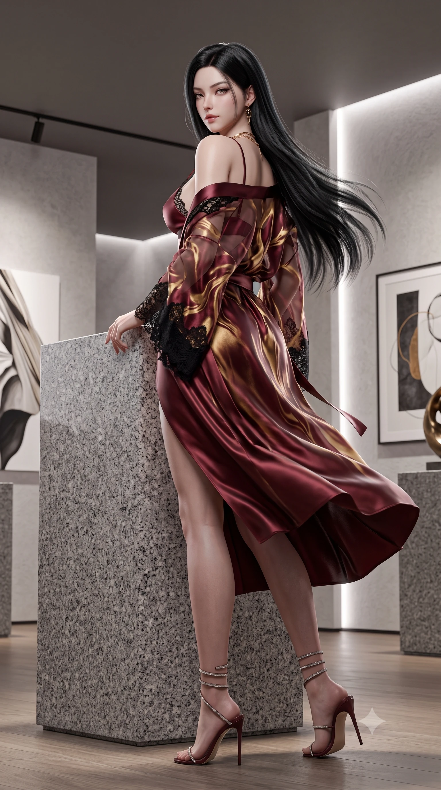 score_9, masterpiece, best quality, ultra-detailed, high-budget anime keyframe, semi-realistic 3D game render, editorial fashion photography, tasteful artistic composition, Korean woman. low angle full-body shot from head to toe showing her feet, filling the entire 9:16 vertical frame with her statuesque presence, stretching her vertical silhouette. executing a slow, graceful pivot turn as her skirt sways around her slender legs, glancing back with an enchanting, teasing sensual expression while leaning against a honed granite pedestal with hips cocked back, looking over a bare shoulder with an intoxicating bedroom-gaze. The surrounding environment is rendered in vivid detail and crisp panoramic clarity: detailed sheer illusion mesh gown inserts, gold jewelry glints, and contemporary exhibition space design in razor-sharp precision. She has an absolutely perfect, statuesque 8.5-heads proportion, an exceptionally tall and slender model-like female figure with impossibly long slender legs, an ultra-slim waist, a flat toned midriff, narrow delicate ribcage, and beautifully sculpted feminine hips creating a graceful, slim hourglass silhouette without any bulky heaviness. sharp v-shaped jawline, high-bridge nose, sparkling eyes with hypnotic seductive depth, thick curled eyelashes, glossy parted lips with a natural dewy peach sheen, alluring bedroom-eyes with an enchanting coquettish smile, exuding magnetic siren charisma and sophisticated glamour, flawlessly proportioned anatomical accuracy, strict slender model proportions, natural body alignment, perfectly sculpted long slender limbs, ultra-slim waistline, clean dynamic posture without body distortion. wearing a delicate sheer organza kimono-style architectural wrap slipping off bare shoulders over a matching satin bralette in smoldering bordeaux wine and liquid gold with black chantilly lace, crafted from fluid liquid silk satin that clings smoothly to every curve with a dewy sheen, complemented by strappy stiletto sandals with crystal ankle wraps accentuating her slender calves, the liquid-tight tailored fabric clinging flawlessly to her narrow waist and rounded feminine hips, emphasizing every millimeter of her sculpted slim hourglass curves without any bulky heaviness. illuminated by floor bounce fill and sharp high-contrast white rim lights sculpting her jawline, flat midriff, and voluptuous hip curves. highly saturated vibrant anime colors, detailed shading with soft gradients, rich glossy textures, high-contrast stereoscopic depth, volumetric dynamic lighting, master piece, 9:16 ratio