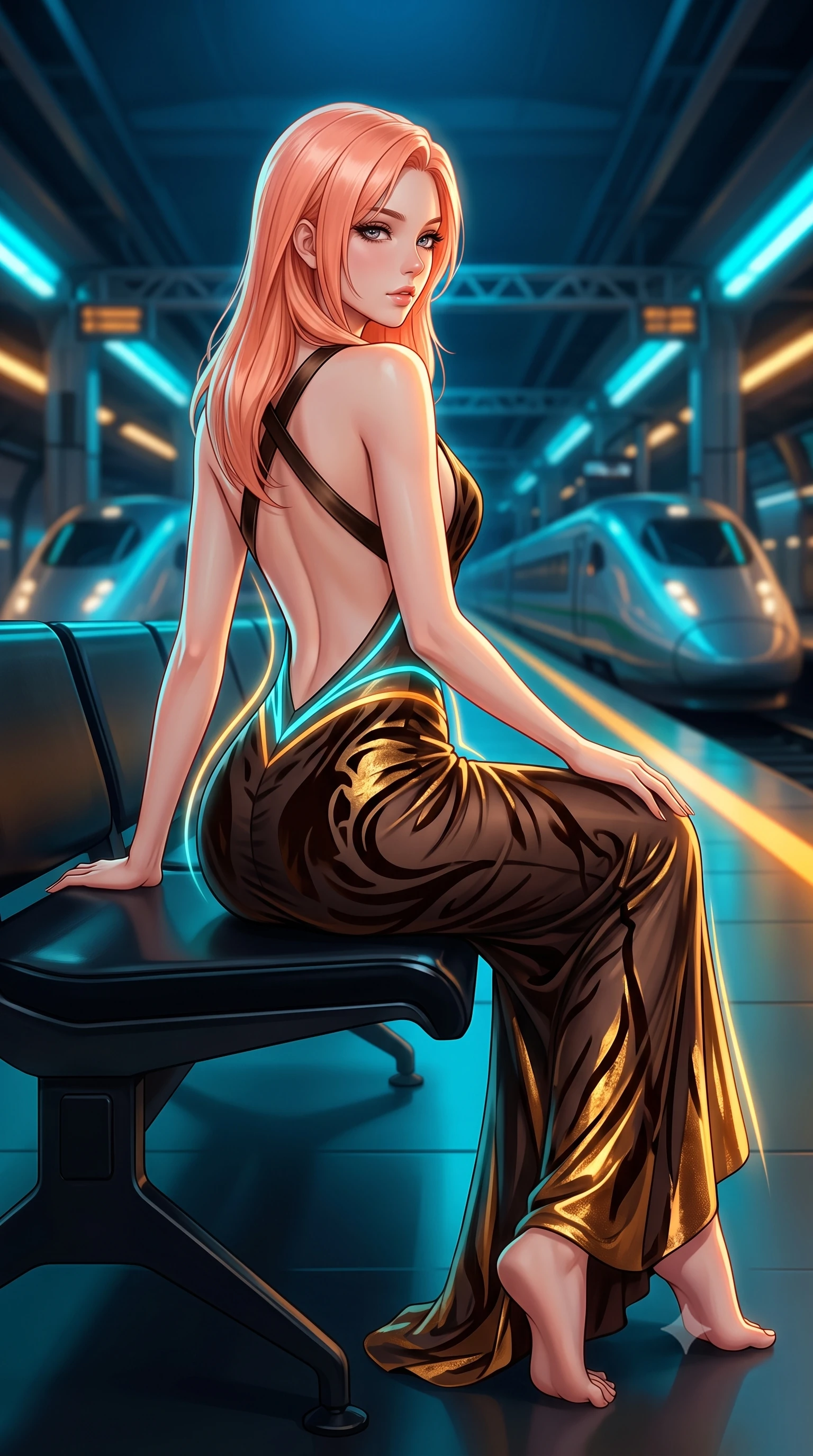 score_9, masterpiece, best quality, ultra-detailed, high-budget anime keyframe, semi-realistic 3D game render, editorial fashion photography, tasteful artistic composition, Japanese woman. low angle full-body shot from head to toe showing her feet, filling the entire 9:16 vertical frame with her statuesque presence, stretching her vertical silhouette. executing an elegant mid-motion pivot turn as garments swirl around her slender limbs, glancing over her shoulder with an intoxicating bedroom-gaze while reclining casually along a black obsidian waiting bench propped on one elbow, her slender waist and curved hips sculpted by pulsing subway neon lines. The composition keeps background elements in soft focus with creamy bokeh. aerodynamic bullet train silhouettes and high-tech platform gantries softened in moody cyberpunk shallow focus. She has an exceptionally tall and slender model-like 8.5-heads proportion, an ultra-slim waist, a flat toned midriff, narrow delicate ribcage, and beautifully sculpted feminine hips creating a graceful, slim hourglass silhouette without any bulky heaviness, with impossibly long slender legs. sharp v-shaped jawline, high-bridge nose, intricate jewel-like eyes with depth, thick eyelashes, glossy parted lips with a natural sheen, intensely captivating and seductive bedroom-eyes expression, flawlessly proportioned anatomical accuracy, strict slender model proportions, natural body alignment, perfectly sculpted long slender limbs, ultra-slim waistline, clean dynamic posture without body distortion. wearing a liquid-silk jersey evening gown with an ultra-deep plunging open back descending to the base of her spine and a sculpted hip-hugging skirt in dark espresso brown and molten gold foil, made of sheer contouring power-mesh with velvet flocking patterns, finished with criss-cross back satin straps highlighting her graceful shoulder blades, the form-contouring material adhering flawlessly to her sculpted flat midriff and slender torso, emphasizing her long leg lines and perfectly proportioned willowy build. bathed in high-contrast cyan and amber track edge lights contrasting with deep ocean blue overhead ambient glow. highly saturated vibrant anime colors, detailed shading with soft gradients, rich glossy textures, high-contrast stereoscopic depth, volumetric dynamic lighting, master piece, 9:16 ratio