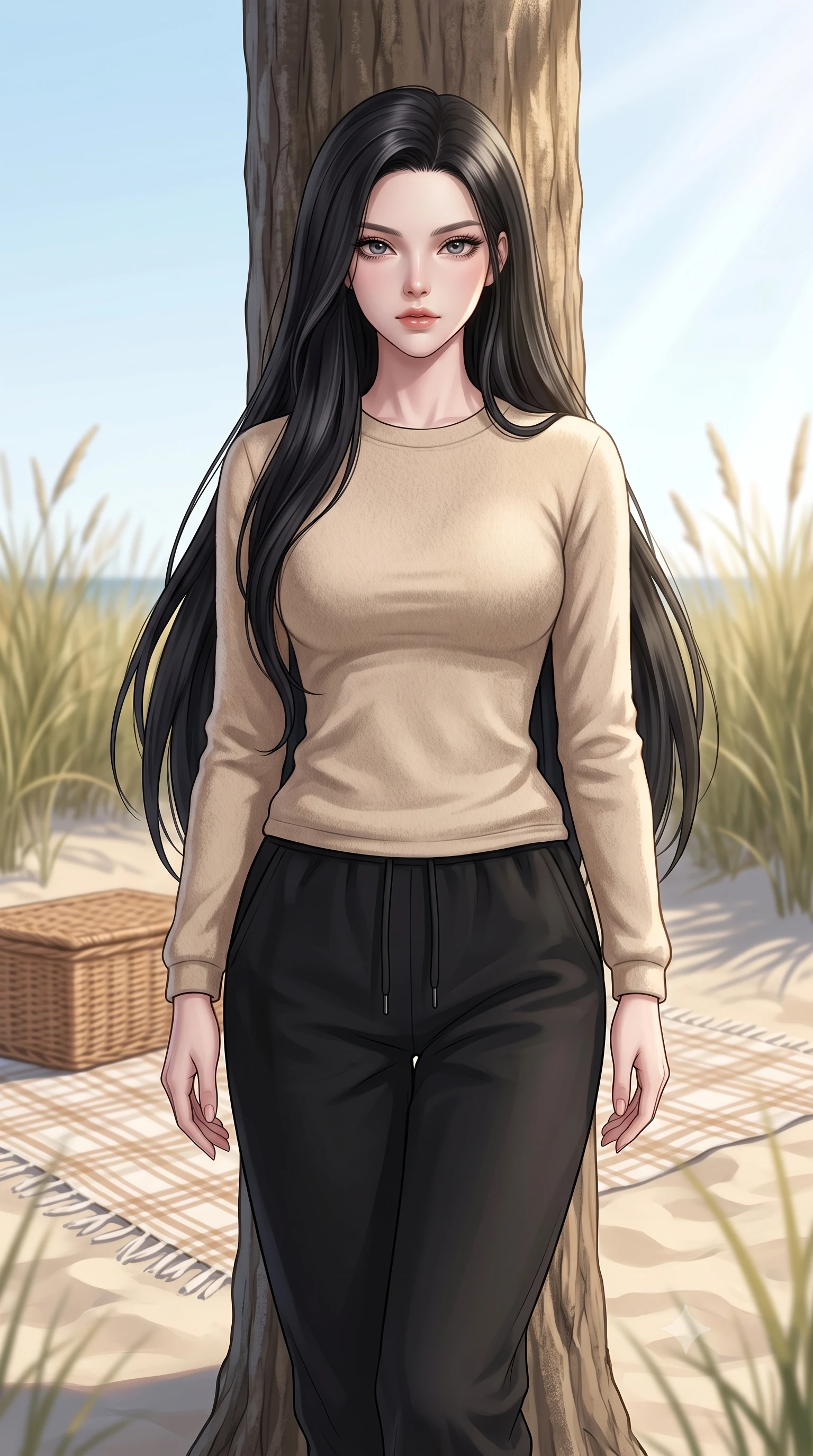 score_9, masterpiece, best quality, ultra-detailed, high-budget anime keyframe, editorial fashion photography, tasteful artistic composition, Korean woman woman. close-up cowboy shot from the waist and thighs up, the character dominates the composition, filling the frame with her large presence, background elements kept in soft focus. standing relaxed against a tree trunk, sharing a quiet, serene moment with the viewer the background shows a soft-focus a woven picnic blanket set on the sand, surrounded by tall beachgrass under a clear sky. She has an exceptionally elegant, slender, and willowy female figure with an ultra-slim waist, a gracefully sculpted slender torso, and a refined silhouette. sharp v-shaped jawline, high-bridge nose, intricate jewel-like eyes with depth, thick eyelashes, glossy lips with a natural sheen. wearing a slim-fit cozy beige fleece pullover paired with black cotton joggers. bright and cheerful afternoon sun rays painting the landscape. 2k, ultra detail, master piece, 9:16 ratio