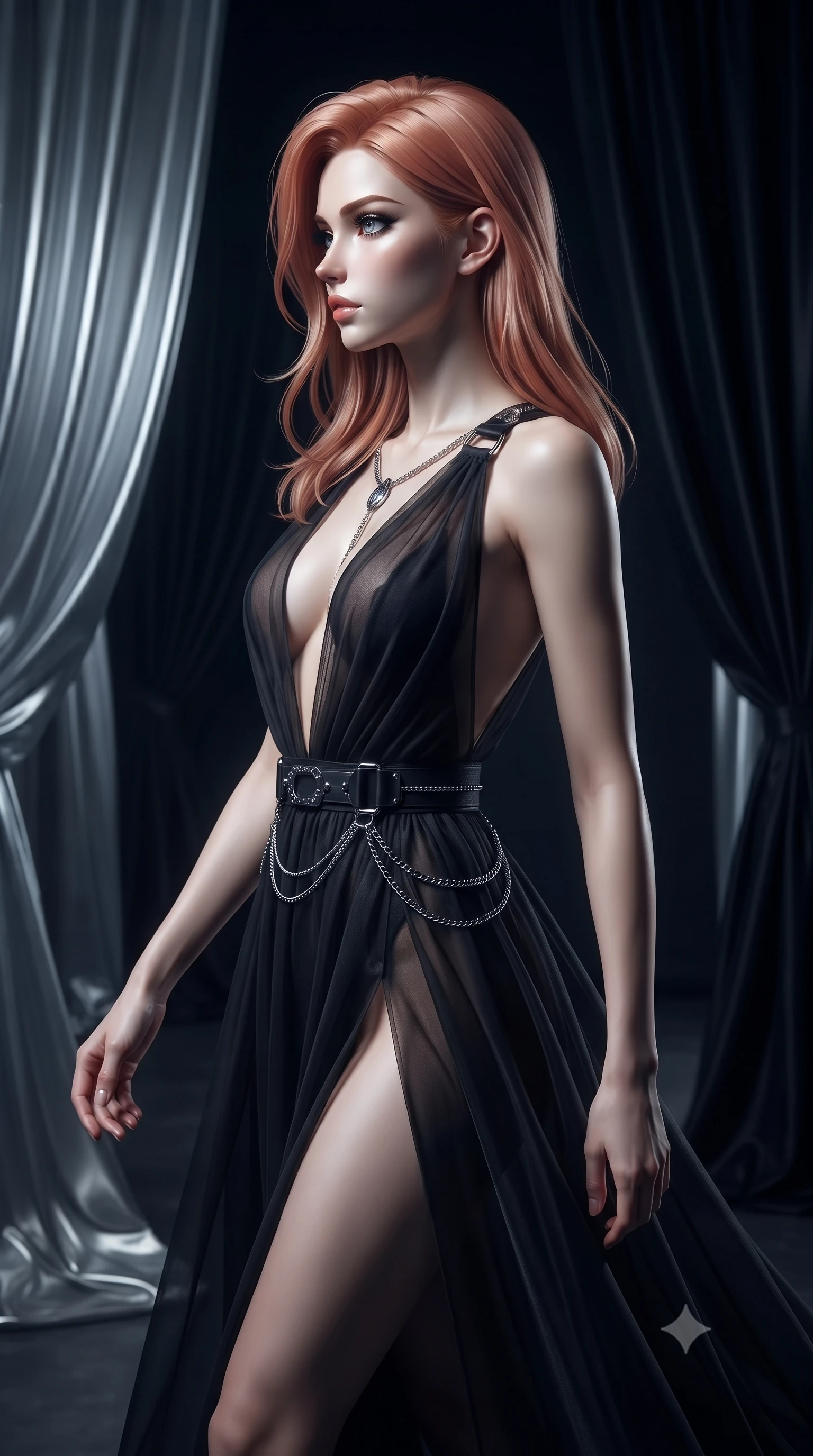 score_9, masterpiece, best quality, ultra-detailed, high-budget anime keyframe, editorial fashion photography, tasteful artistic composition, Japanese woman. close-up cowboy shot from the waist and thighs up, the character dominates the composition, filling the frame with her large presence, background elements kept in soft focus. Turning her face in sharp dramatic profile against the moody key light, navigating a shadowy hall lined with flowing liquid metal drapery, heavy black silk curtains absorbing surrounding light into deep darkness. She has an exceptionally elegant, slender, and willowy female figure with an ultra-slim waist, a gracefully sculpted slender torso, and a refined silhouette. sharp v-shaped jawline, high-bridge nose, intricate jewel-like eyes with depth, thick eyelashes, glossy lips with a natural sheen. wearing deep plunging V-neckline midnight gown with daring high thigh slit in pitch-black onyx, made of sheer dark organza overlay, framed by dark titanium buckles and silver chain details, sculpting her athletic slender build with refined precision. bathed in cool silver metallic light and pitch-black ambient shadows. highly saturated vibrant anime colors, detailed shading with soft gradients, rich glossy textures, high-contrast stereoscopic depth, volumetric dynamic lighting, master piece, 9:16 ratio