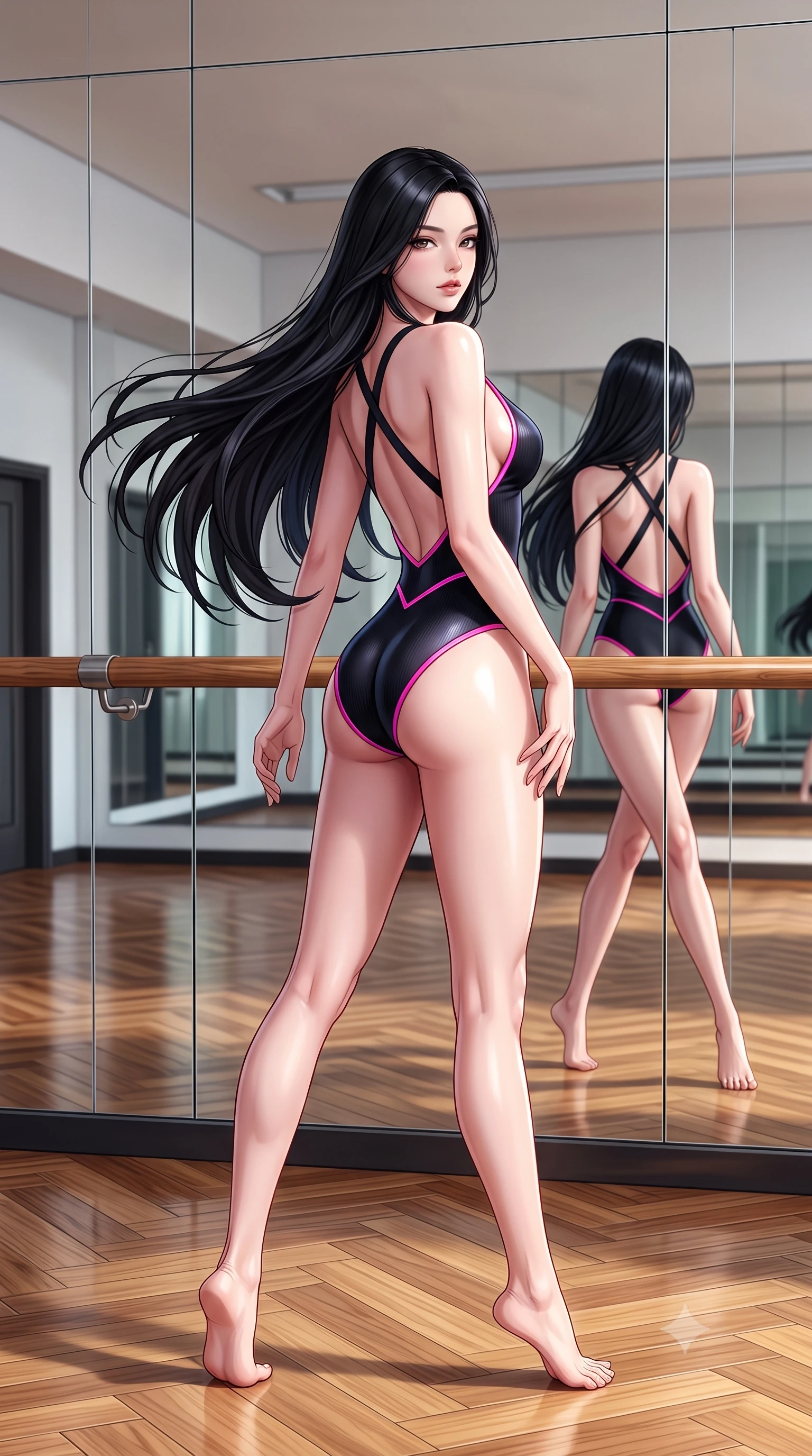 score_9, masterpiece, best quality, ultra-detailed, high-budget anime keyframe, semi-realistic 3D game render, editorial fashion photography, tasteful artistic composition, Korean woman. low angle full-body shot from head to toe showing her feet, filling the entire 9:16 vertical frame with her statuesque presence, stretching her vertical silhouette. executing an elegant mid-motion pivot turn as garments swirl around her slender limbs, glancing over her shoulder with an intoxicating bedroom-gaze while standing with her back to the floor-to-ceiling mirror, looking over her bare shoulder with hips cocked dramatically in an alluring high-fashion stance. The surrounding environment is rendered in vivid detail and crisp panoramic clarity. sharp mirror reflection seams, polished hardwood parquet flooring, and wooden barre grain in deep focus. She has an absolutely perfect, statuesque 8.5-heads proportion, an exceptionally tall and slender model-like female figure with impossibly long slender legs, a toned flat midriff, an ultra-slim waist, and beautifully sculpted feminine hips. sharp v-shaped jawline, high-bridge nose, intricate jewel-like eyes with depth, thick eyelashes, glossy parted lips with a natural sheen, intensely captivating and seductive bedroom-eyes expression, flawlessly proportioned anatomical accuracy, strict slender model proportions, natural body alignment, perfectly sculpted long slender limbs, ultra-slim waistline, clean dynamic posture without body distortion. wearing a deep-V plunge dance bodysuit with crossed back straps and body-hugging boy-shorts in pitch black with gloss neon piping, knitted from ultra-soft fine cashmere blend with body-contouring ribbing, accented with anatomical contrast piping outlining her sculpted glutes and waist, the glove-like aerodynamic silhouette tightly following the natural contour of her hips and long slender legs with statuesque precision. surrounded by a disciplined, sensual, and exquisitely graceful haute-couture dancer aura. highly saturated vibrant anime colors, detailed shading with soft gradients, rich glossy textures, high-contrast stereoscopic depth, volumetric dynamic lighting, master piece, 9:16 ratio