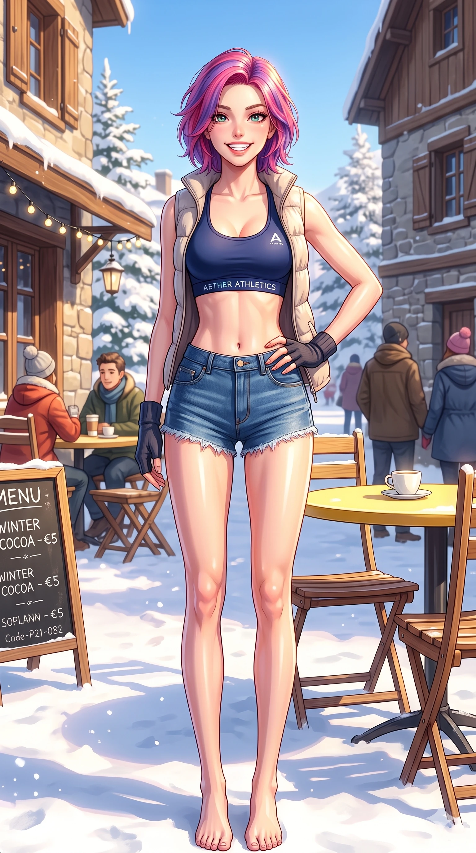 score_9, masterpiece, best quality, ultra-detailed, high-budget anime keyframe, vibrant anime aesthetic, Caucasian woman, strictly human ears. cowboy shot from the thighs up, character and outfit filling the frame for maximum presence. She is posing with a bright grin, one hand on her hip, looking at the lens with joyful eyes in snow by a bright outdoor café table in a snowy square (Code-P21-082). She has an absolutely perfect 8-heads proportion, an exceptionally tall and slender female figure with impossibly long slender legs and an ultra-slim waist. V-shaped jawline, high-bridge nose, intricate jewel-like eyes with depth, thick eyelashes, glossy lips with a natural sheen. wearing a sleek sports bra with high-waist denim micro-shorts in cabin. She is drenched in bright, golden winter sunshine reflecting off the white snow. 2k, ultra detail, master piece, 9:16 ratio