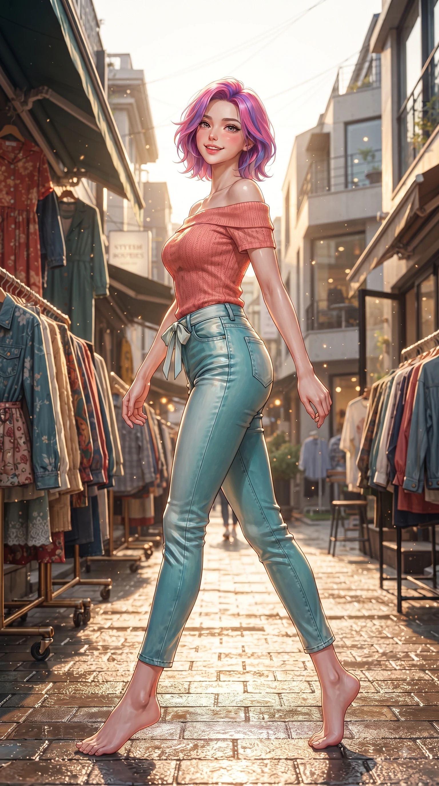 score_9, masterpiece, best quality, ultra-detailed, high-budget anime keyframe, editorial fashion photography, tasteful artistic composition, Caucasian woman. low angle full-body shot from head to toe showing her feet, filling the entire 9:16 vertical frame with her statuesque presence, stretching her vertical silhouette. stepping forward gracefully in mid-motion with a delighted cute expression, displaying her statuesque model proportions while browsing outdoor vintage clothing racks with a bright, playful expression looking back at the camera. The surrounding environment is rendered in vivid detail and crisp panoramic clarity. crisp sunlight highlights filtering between stylish Seongsu boutiques and modern cafes. She has an absolutely perfect, statuesque 8.5-heads proportion, an exceptionally tall and slender model-like female figure with impossibly long slender legs and an ultra-slim waist. sharp v-shaped jawline, high-bridge nose, intricate jewel-like eyes with depth, thick eyelashes, glossy lips with a natural sheen, flawlessly proportioned anatomical accuracy, natural body alignment, perfectly sculpted elegant limbs, clean dynamic posture without body distortion. wearing a stylish off-shoulder coral knit top with slim-fit white stretch denim pants in ocean turquoise and sea-salt white, crafted from smooth fluid silk satin, accented with a dainty waist ribbon bow, the chic real-way fashion cut emphasizing her effortless charm. bathed in bright golden hour sunshine and warm urban ambient illumination. ultra-reflective glossy finish, specular highlights, metallic sheen, high-contrast stereoscopic depth, volumetric dynamic lighting, 2k, ultra detail, master piece, 9:16 ratio
