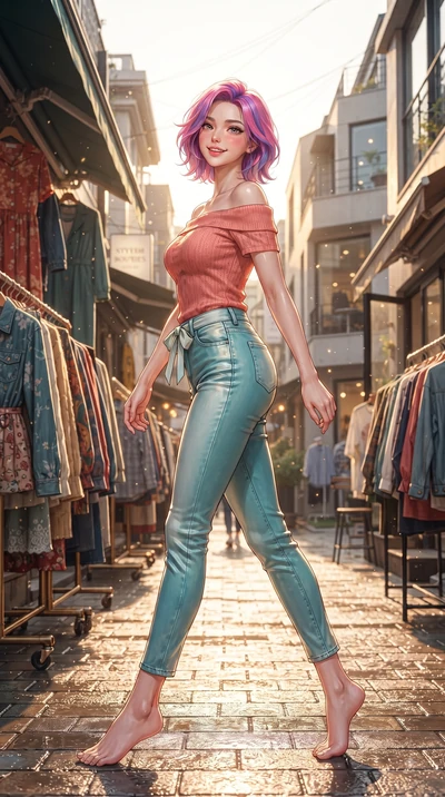 score_9, masterpiece, best quality, ultra-detailed, high-budget anime keyframe, editorial fashion photography, tasteful artistic composition, Caucasian woman. low angle full-body shot from head to toe showing her feet, filling the entire 9:16 vertica
