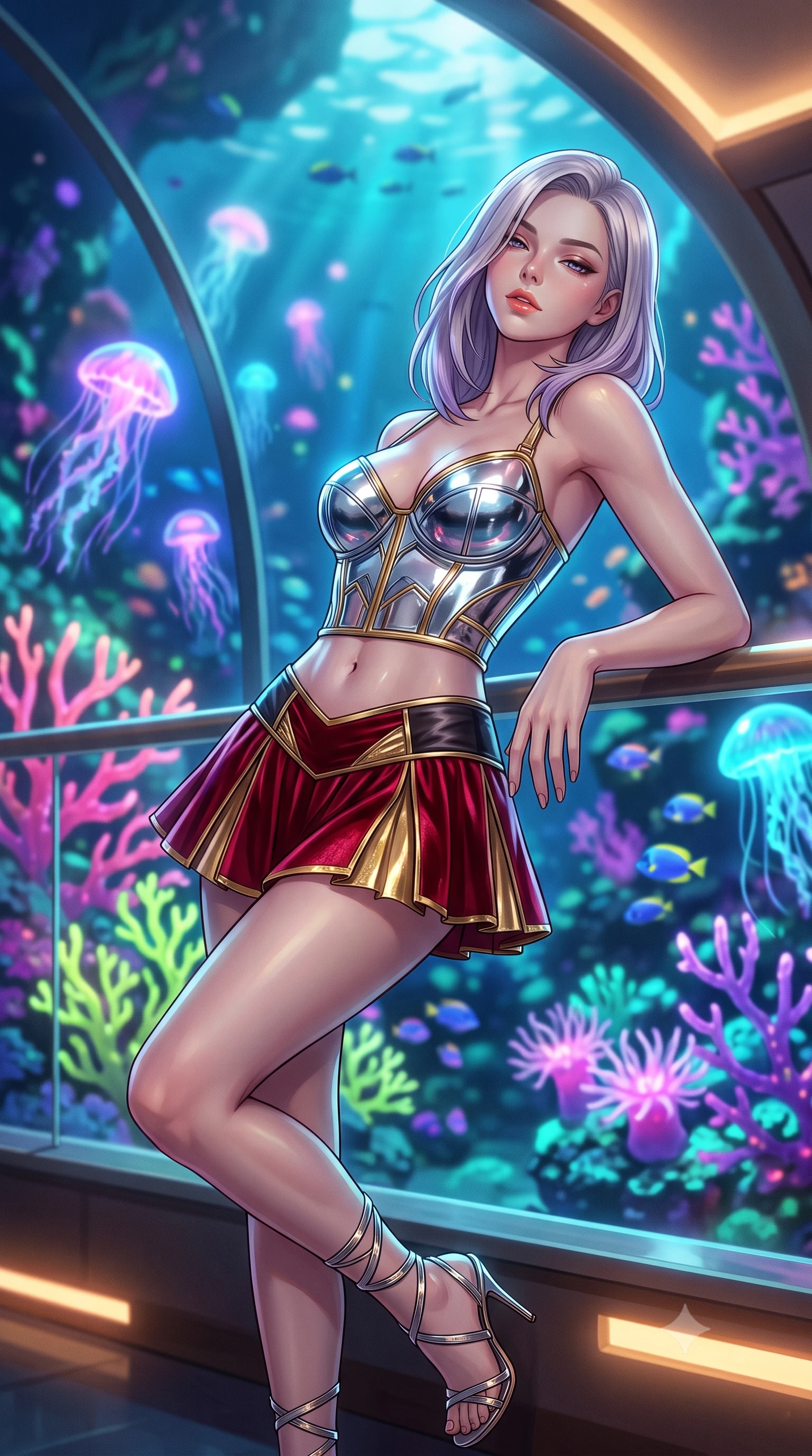 score_9, masterpiece, best quality, ultra-detailed, high-budget anime keyframe, editorial fashion photography, tasteful artistic composition, Caucasian woman. close-up cowboy shot from the waist and thighs up, the character dominates the composition, filling the frame with her large presence. leaning back against the balustrade with relaxed seductive grace, head tilted back slightly while casting a hypnotic, heavy-lidded gaze while leaning against the panoramic domed acrylic wall with hips cocked back, watching luminescent neon jellyfish pulse through coral branches with smoldering bedroom-eyes. The background shows a soft-focus living neon pink, lime, and violet fluorescent branching corals, pulsing sea anemones, and schools of electric reef fish blurred into coral, turquoise, and violet bokeh. She has an exceptionally elegant, slender, and willowy female figure with an ultra-slim waist, flat toned midriff, narrow ribcage, and sculpted feminine hips creating an alluring, slim hourglass silhouette without bulk. sharp v-shaped jawline, high-bridge nose, intricate jewel-like sparkling eyes with depth, thick eyelashes, glossy parted lips with a natural peach sheen, bright cheerful beaming smile with an enchanting and coquettish sensual glint, exuding both youthful cute charm and seductive allure, flawlessly proportioned anatomical accuracy, strict slender model proportions, natural body alignment, perfectly sculpted long slender limbs, ultra-slim waistline, clean dynamic posture without body distortion. wearing a chrome-plated structured underwire bustier top paired with an ultra-short low-rise pleated micro mini skirt in Cyber-Baroque gilded gold and royal crimson velvet, woven from buttery-soft stretch lambskin leather adhering to her body like a second skin, complemented by strappy stiletto sandals with metallic ankle wraps accentuating her slender calves, the second-skin tailored fabric adhering flawlessly to her sculpted flat midriff and slender torso, emphasizing her long leg lines and perfectly proportioned willowy build. bathed in the glowing natural fluorescence of deep corals combined with warm 2500K interior recessed cove lighting. ultra-reflective glossy finish, specular highlights, rich textural contrasts, high-contrast stereoscopic depth, volumetric dynamic lighting, 2k, ultra detail, master piece, 9:16 ratio