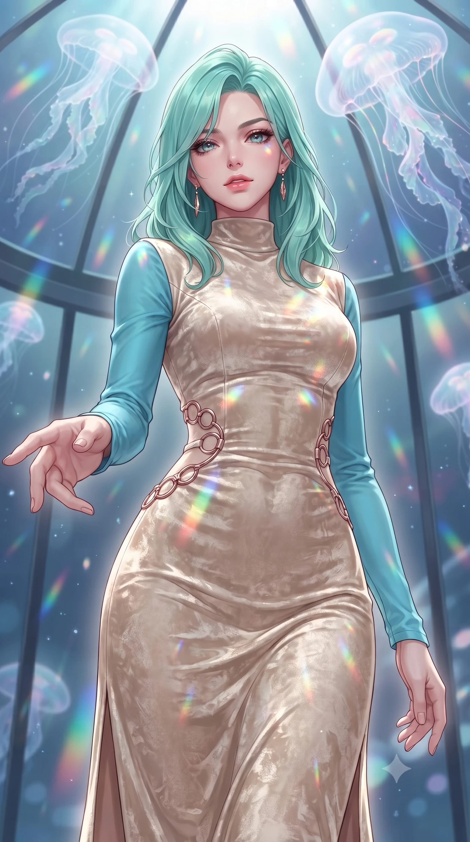 score_9, masterpiece, best quality, ultra-detailed, high-budget anime keyframe, editorial fashion photography, tasteful artistic composition, Japanese woman. close-up cowboy shot from the waist and thighs up, the character dominates the composition, filling the frame with her large presence, background elements kept in soft focus. Reaching one hand toward the viewer with relaxed elegance, navigating a glass-walled celestial dome as giant bioluminescent opal jellyfish drift overhead, translucent jellyfish bells scattering soft rainbow prisms across her skin. She has an exceptionally elegant, slender, and willowy female figure with an ultra-slim waist, a gracefully sculpted slender torso, and a refined silhouette. sharp v-shaped jawline, high-bridge nose, intricate jewel-like eyes with depth, thick eyelashes, glossy lips with a natural sheen. wearing floor-length high-neck champagne silk velvet gown with long sleeves in sky blue turquoise, made of crushed white silk velvet, trimmed with rose-gold ring hardware along the waist contours, following her slender form with tailored precision. surrounded by a glowing aura of opal starlight and soft diffused rim highlights. highly saturated vibrant anime colors, detailed shading with soft gradients, rich glossy textures, high-contrast stereoscopic depth, volumetric dynamic lighting, master piece, 9:16 ratio