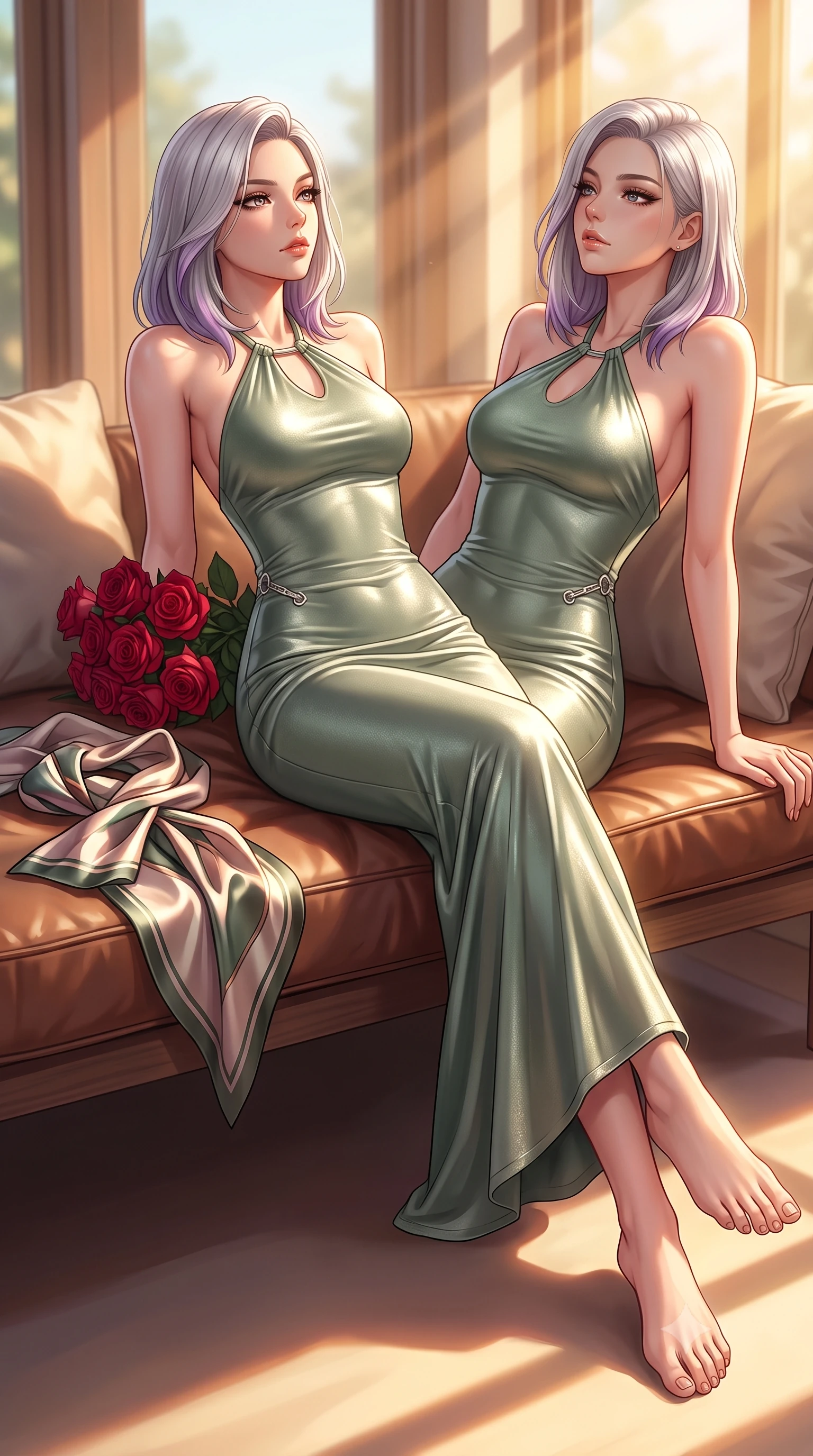 score_9, masterpiece, best quality, ultra-detailed, high-budget anime keyframe, editorial fashion photography, tasteful artistic composition, Caucasian woman. low angle full-body shot from head to toe showing her feet, filling the entire 9:16 vertical frame with her statuesque presence, stretching her vertical silhouette. relaxing on a sunbed with relaxed elegance, her slender figure stretching out gracefully under the warm glow set against a soft-focus background of inside an exclusive sunroom alcove with a bouquet of crimson roses and a silk scarf resting on the leather seat. She has an absolutely perfect, statuesque 8.5-heads proportion, an exceptionally tall and slender model-like female figure with impossibly long slender legs and an ultra-slim waist. sharp v-shaped jawline, high-bridge nose, intricate jewel-like eyes with depth, thick eyelashes, glossy lips with a natural sheen. wearing body-hugging sage green metallic jersey form-contouring cashmere halter dress tracing her statuesque physique accented with delicate silver hardware. bathed in warm golden hour sunbeams that cast long, romantic shadows across the floor. highly saturated vibrant anime colors, detailed shading with soft gradients, rich glossy textures, high-contrast stereoscopic depth, volumetric dynamic lighting, master piece, 9:16 ratio