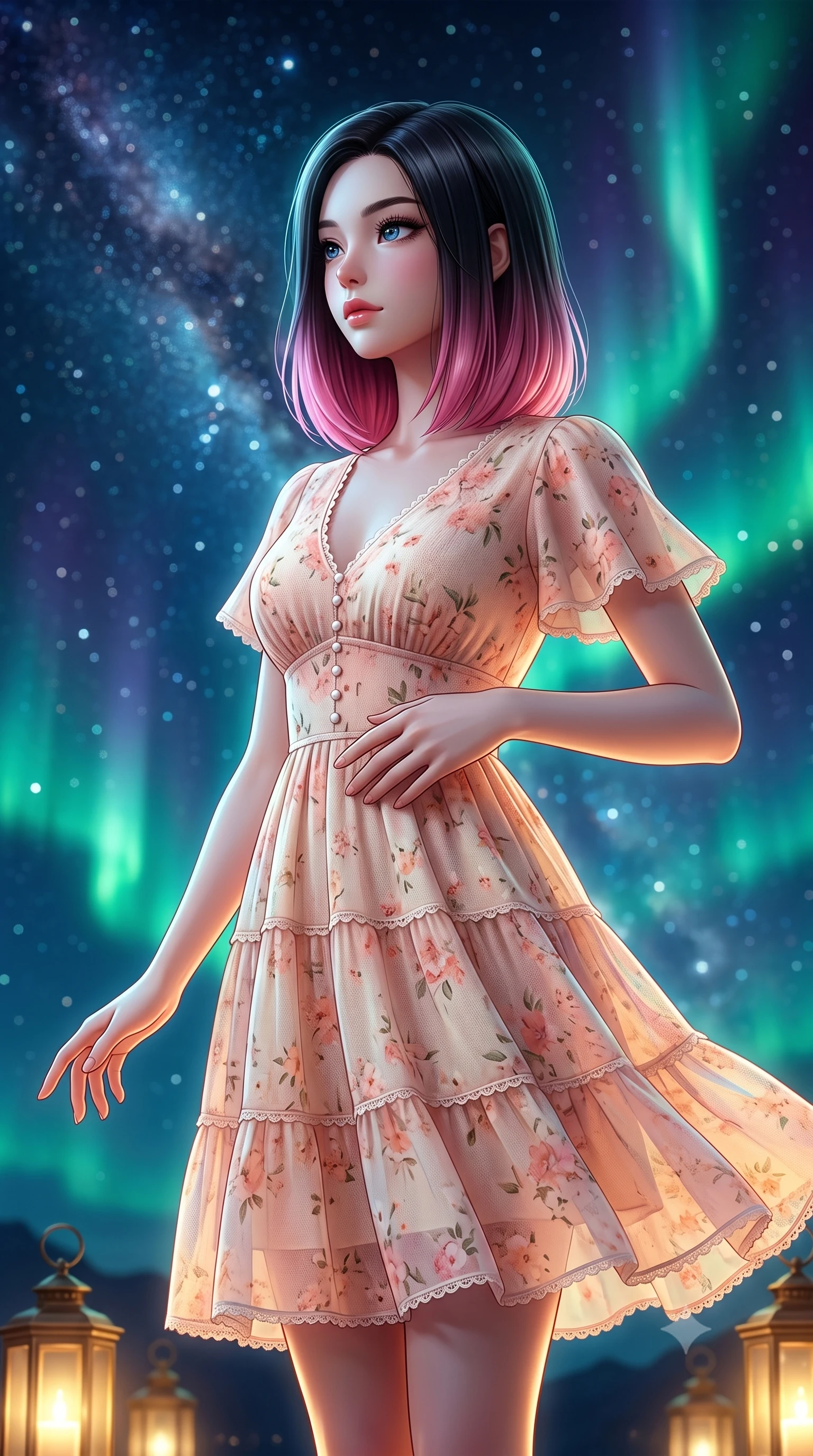 score_9, masterpiece, best quality, ultra-detailed, high-budget anime keyframe, semi-realistic 3D game render, editorial fashion photography, tasteful artistic composition, Korean woman. close-up cowboy shot from the waist and thighs up, the character dominates the composition, filling the frame with her large presence. resting one hand lightly on her waist while casting a charming, captivating side-gaze with thick eyelashes while standing poised against a majestic starlit night sky with arms gently outstretched in peaceful wonder. The composition keeps background elements in soft focus with creamy bokeh. dazzling Milky Way star clusters and dancing emerald aurora ribbons blurred into deep indigo, teal, and celestial bokeh. She has an exceptionally elegant, slender, and willowy female figure with an ultra-slim waist, a gracefully sculpted slender torso, toned flat midriff, and a refined slim silhouette. sharp v-shaped jawline, high-bridge nose, intricate jewel-like eyes with depth, thick eyelashes, glossy lips with a natural sheen, pure and lovely fresh girlhood expression, flawlessly proportioned anatomical accuracy, strict slender model proportions, natural body alignment, perfectly sculpted long slender limbs, ultra-slim waistline, clean dynamic posture without body distortion. wearing a breezy tiered chiffon sundress with delicate floral print and short flutter sleeves in warm peach blossom pink and champagne ivory, knitted from ultra-soft cozy baby-cashmere yarn, finished with delicate scallop trims and tiny pearl buttons, the breezy lightweight fabric fluttering softly against her delicate collarbones, narrow waist, and feminine curves. bathed in dancing emerald and violet aurora glow combined with warm golden brass lantern uplights. highly saturated vibrant anime colors, detailed shading with soft gradients, rich glossy textures, high-contrast stereoscopic depth, volumetric dynamic lighting, master piece, 9:16 ratio
