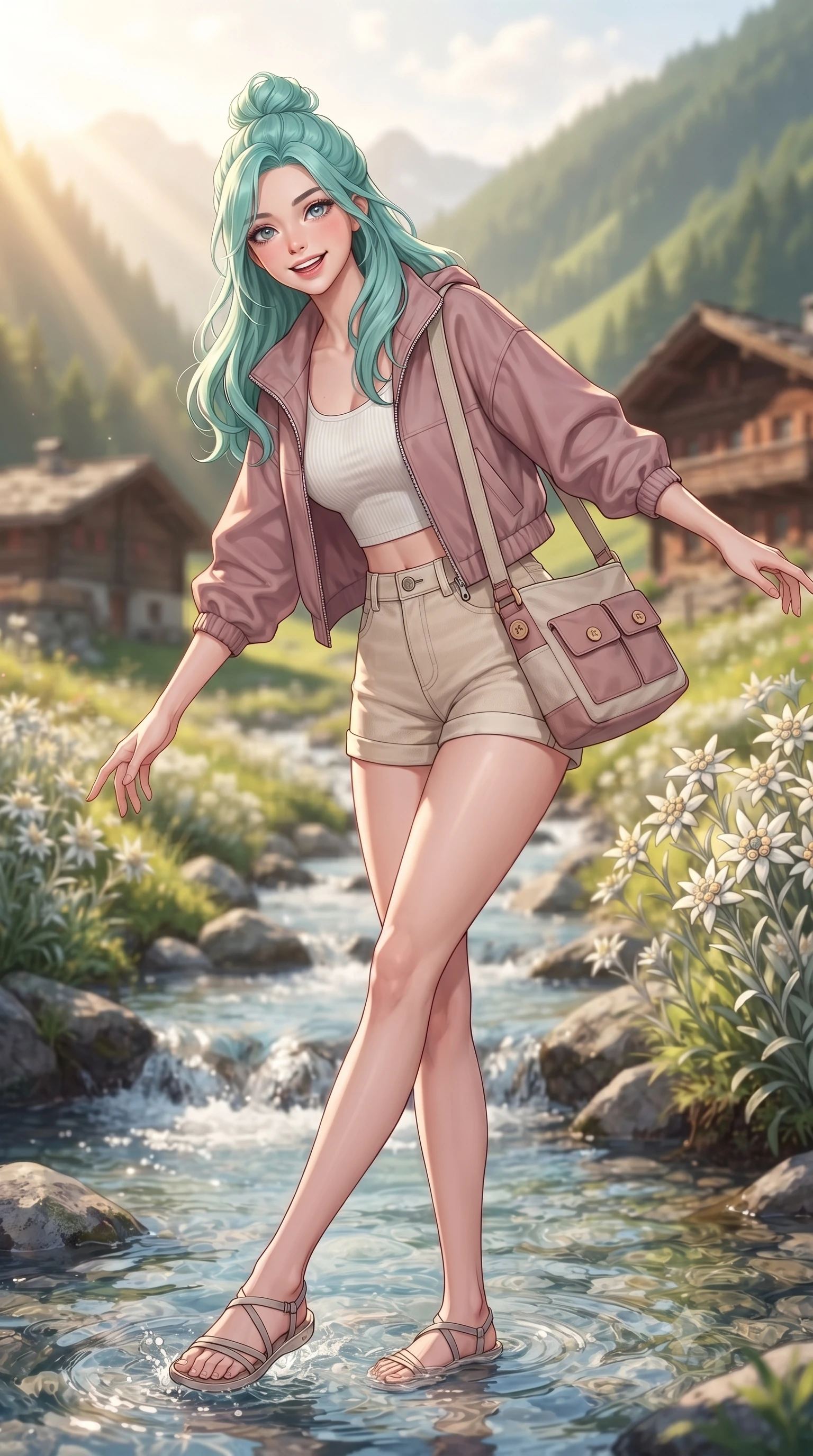 score_9, masterpiece, best quality, ultra-detailed, high-budget anime keyframe, editorial fashion photography, tasteful artistic composition, Japanese woman. low angle full-body shot from head to toe showing her feet, filling the entire 9:16 vertical frame with her statuesque presence, stretching her vertical silhouette. pivoting dynamically with a fresh infectious smile, her ultra-slim waist and long slender legs creating a fluid graceful line while dipping her fingertips playfully into a crystal-clear glacial mountain stream, her expression sparkling with pure delight. The composition keeps background elements in soft focus with creamy bokeh. rustic timber mountain chalets and blooming edelweiss clusters softened in gentle atmospheric depth. She has an absolutely perfect, statuesque 8.5-heads proportion, an exceptionally tall and slender model-like female figure with impossibly long slender legs, a toned flat midriff, and an ultra-slim waist. sharp v-shaped jawline, high-bridge nose, intricate jewel-like eyes with depth, thick eyelashes, glossy lips with a natural sheen, pure and lovely fresh girlhood expression, flawlessly proportioned anatomical accuracy, strict slender model proportions, natural body alignment, perfectly sculpted long slender limbs, ultra-slim waistline, clean dynamic posture without body distortion. wearing a cute sporty pastel windbreaker paired with high-waisted active shorts and a canvas crossbody bag in soft dusty rose and oatmeal beige, made of comfortable premium stretch denim and airy cotton-jersey, finished with neat natural wooden buttons and patch pocket details, the body-hugging lightweight knit clinging delicately to her slender torso, accentuating her graceful neck and feminine lines. illuminated by warm golden sunbeams streaming across lush green mountain slopes. ultra-reflective glossy finish, specular highlights, rich natural textures, high-contrast stereoscopic depth, volumetric dynamic lighting, 2k, ultra detail, master piece, 9:16 ratio