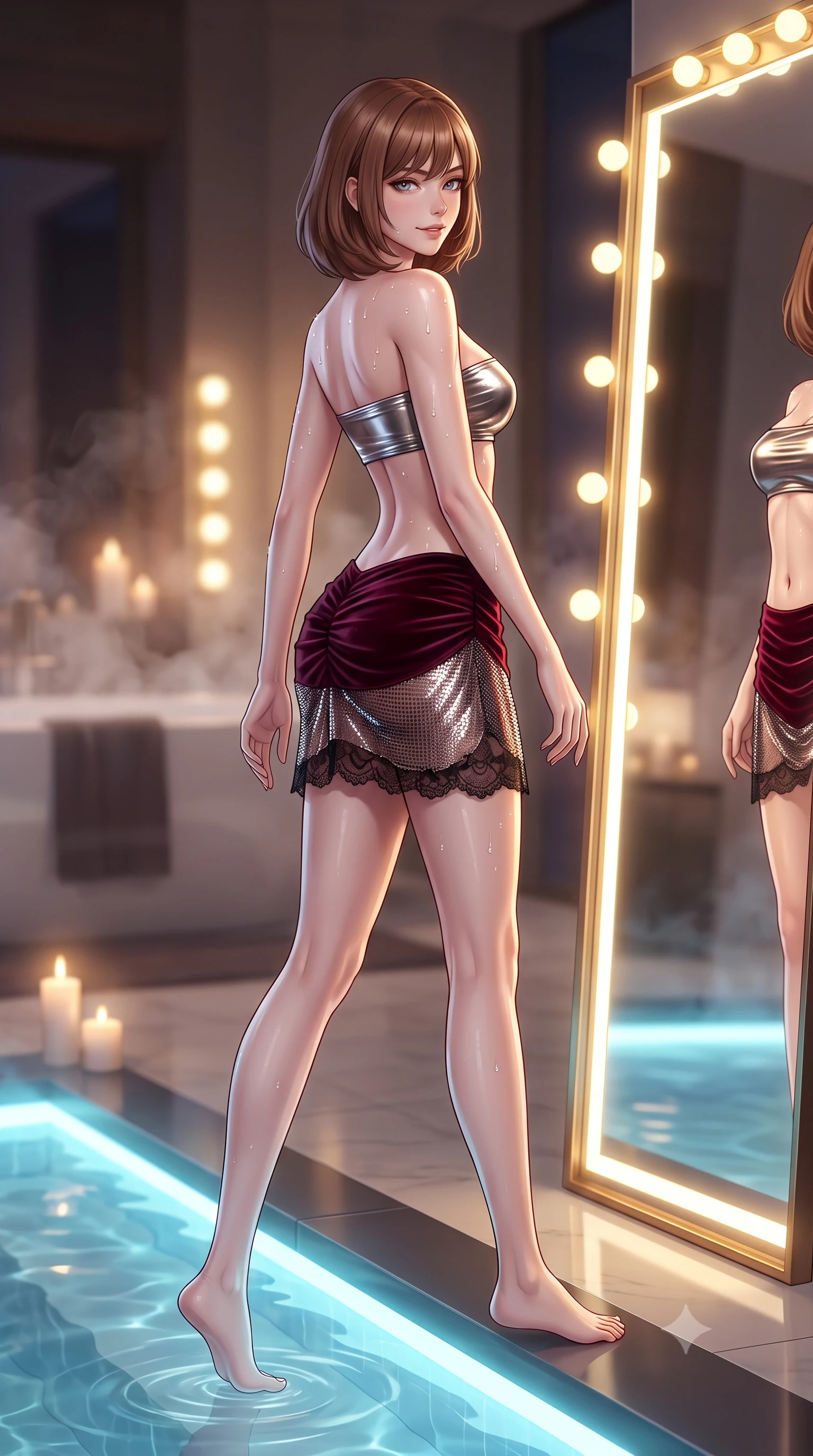 score_9, masterpiece, best quality, ultra-detailed, high-budget anime keyframe, semi-realistic 3D game render, editorial fashion photography, tasteful artistic composition, Caucasian woman. low angle full-body shot from head to toe showing her feet, filling the entire 9:16 vertical frame with her statuesque presence, stretching her vertical silhouette. walking along the illuminated pool edge with water droplets glinting on her skin, looking back over her bare shoulder with an irresistible smoldering bedroom-gaze while twisting her slender torso in an alluring contrapposto stance before the floor-to-ceiling illuminated mirror, admiring her silhouette with a teasing, coquettish smile. The background shows a soft-focus aromatic bath steam and soft vanity bulb glows softened in ultra-luxury boudoir shallow focus. She has an absolutely perfect, statuesque 8.5-heads proportion, an exceptionally tall and slender model-like female figure with impossibly long slender legs, an ultra-slim waist, a flat toned midriff, narrow delicate ribcage, and beautifully sculpted feminine hips creating a graceful, slim hourglass silhouette without any bulky heaviness. sharp v-shaped jawline, high-bridge nose, sparkling eyes with hypnotic seductive depth, thick curled eyelashes, glossy parted lips with a natural dewy peach sheen, alluring bedroom-eyes with an enchanting coquettish smile, exuding magnetic siren charisma and sophisticated high-fashion glamour, flawlessly proportioned anatomical accuracy, strict slender model proportions, natural body alignment, perfectly sculpted long slender limbs, ultra-slim waistline, clean dynamic posture without body distortion. wearing a liquid metallic lamé bandeau top paired with a curve-accentuating ruched low-rise mini skirt in deep bordeaux velvet and delicate black chantilly, crafted from shimmering fluid chainmail mesh reflecting ambient candlelight, finished with glistening drops of pool water beading across her sculpted shoulders and collarbones, the glove-like clinging cut tightly following the natural contour of her hips and long slender legs with youthful 8.5-heads elegance. illuminated by mirror specular bounce and sharp warm-gold rim lights defining her razor-sharp jawline, ultra-slim waist, and curvy hips. highly saturated vibrant anime colors, detailed shading with soft gradients, rich glossy textures, high-contrast stereoscopic depth, volumetric dynamic lighting, master piece, 9:16 ratio
