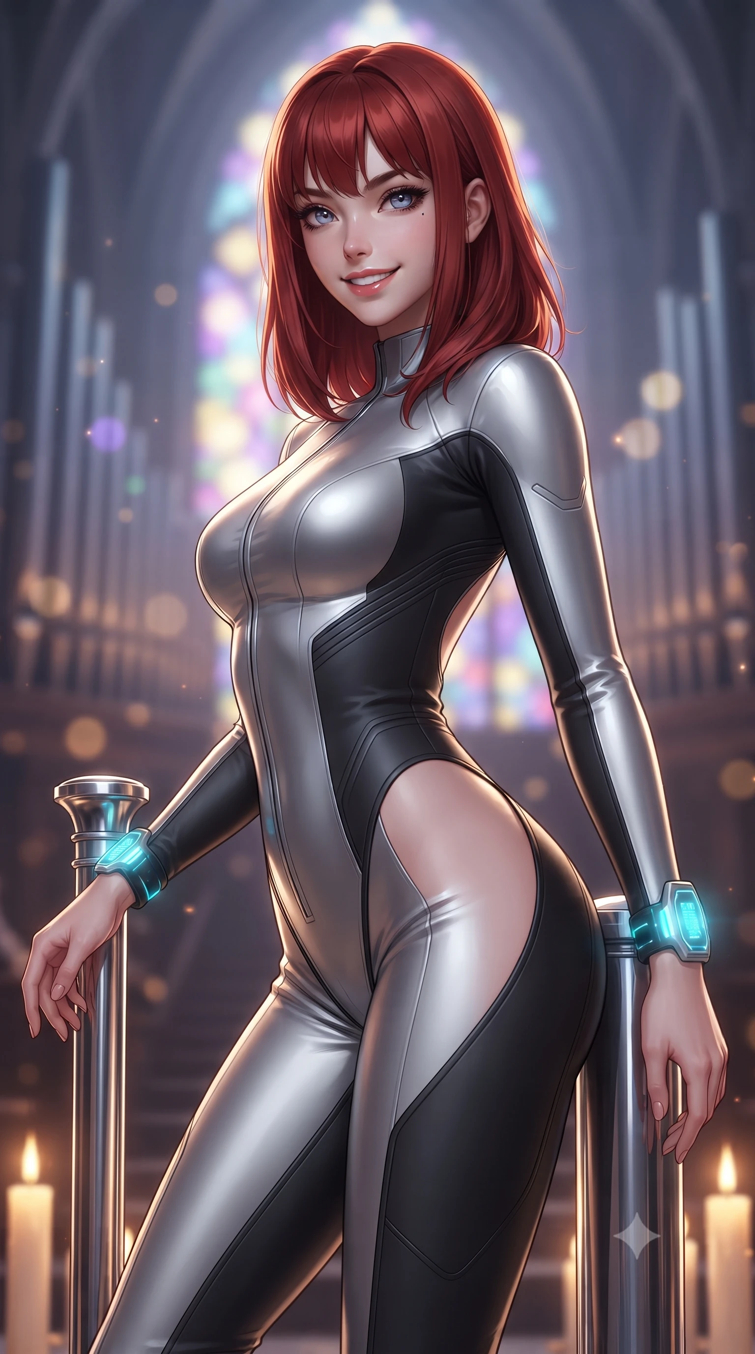 score_9, masterpiece, best quality, ultra-detailed, high-budget anime keyframe, editorial fashion photography, tasteful artistic composition, Caucasian woman. close-up cowboy shot from the waist and thighs up, the character dominates the composition, filling the frame with her large presence. turning slowly with a smoldering smile, her sleek hair catching the cockpit HUD rim light as her hips angle gracefully in a captivating contrapposto while leaning against a polished chrome alter column with hips cocked back, casting an intoxicating, sacred bedroom-gaze toward the viewer. The background shows a soft-focus soaring gothic cyber-arches and massive laser pipe organs playing visible light frequencies blurred into stained-glass rainbow, violet, and gold bokeh. She has an exceptionally elegant, slender, and willowy female figure with an ultra-slim waist, flat toned midriff, narrow ribcage, and sculpted feminine hips creating an alluring, slim hourglass silhouette without bulk. sharp v-shaped jawline, high-bridge nose, intricate jewel-like sparkling eyes with depth, thick eyelashes, glossy parted lips with a natural sheen, bright confident smile with an enchanting and coquettish sensual glint, exuding both youthful magnetic charm and sovereign high-tech allure, flawlessly proportioned anatomical accuracy, strict slender model proportions, natural body alignment, perfectly sculpted long slender limbs, ultra-slim waistline, clean dynamic posture without body distortion. wearing a high-performance speeder pilot catsuit with ergonomic silicone grip lines and strategic hip cutouts in liquid chrome silver and pitch black, tailored from brushed aeronautical titanium alloy with matte satin sheen, featuring sleek glowing cyan HUD display wrist cuffs with floating data telemetry, the precision-cut side openings and low-back scoop framing her graceful spine and the sensual sweep of her slim, toned hips. illuminated by altar floor candle LEDs and sharp gold-and-violet rim lighting sculpting her razor-sharp jawline, narrow waist, and curvy hips. ultra-reflective glossy finish, specular highlights, rich textural contrasts, high-contrast stereoscopic depth, volumetric dynamic lighting, 2k, ultra detail, master piece, 9:16 ratio