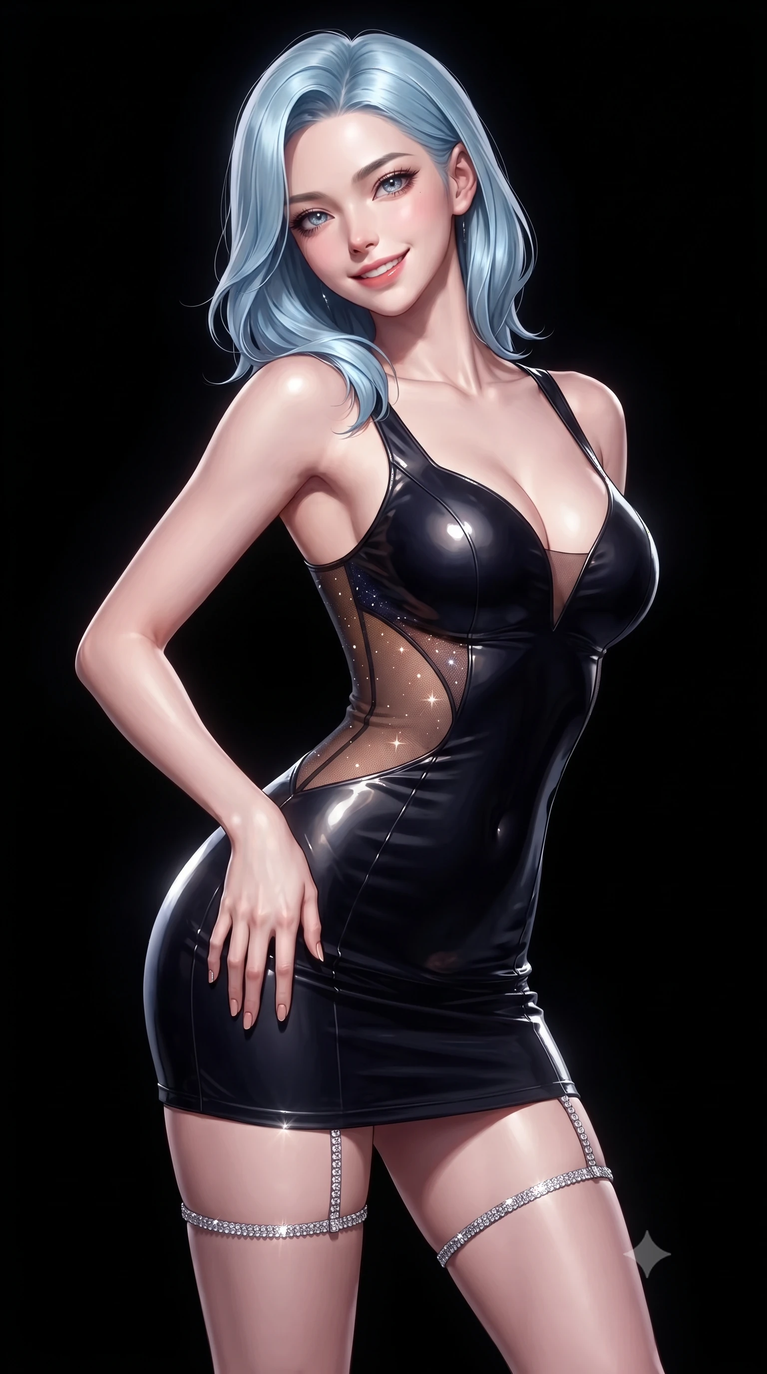score_9, masterpiece, best quality, ultra-detailed, high-budget anime keyframe, editorial fashion photography, tasteful artistic composition, Korean woman. close-up cowboy shot from the waist and thighs up, the character dominates the composition, filling the frame with her large presence. tilting her head with a teasing half-smile, running one hand slowly down the side of her hip in a flirtatious S-curve as ambient light caresses her silhouette while twisting her slender torso in an alluring contrapposto stance, ultra-bright specular highlights sculpting the line of her narrow waist and curvy hips against the black void. The surrounding environment is rendered in vivid detail and crisp panoramic clarity: sharp mirror-polished black obsidian floor reflections, crisp spotlight edge falloff, and microscopic crystal facet textures in deep focus. She has an exceptionally elegant, slender, and willowy female figure with an ultra-slim waist, flat toned midriff, narrow ribcage, and sculpted feminine hips creating an alluring, slim hourglass silhouette without bulk. sharp v-shaped jawline, high-bridge nose, intricate jewel-like sparkling eyes with depth, thick eyelashes, glossy parted lips with a natural peach sheen, bright cheerful beaming smile with an enchanting and coquettish sensual glint, exuding both youthful cute charm and seductive allure, flawlessly proportioned anatomical accuracy, strict slender model proportions, natural body alignment, perfectly sculpted long slender limbs, ultra-slim waistline, clean dynamic posture without body distortion. wearing an alluring plunging sweetheart bodice dress with sheer mesh side-waist cutouts contouring her ribs in cosmic eclipse amber and starlight diamond, made of fluid liquid jersey with seamless sculpting hold and smooth contours, finished with delicate crystal-encrusted thigh garter straps glinting in the dim light, the bespoke structured tailoring following the natural line of her 8.5-heads silhouette with refined elegance. bathed in an intense solitary 6000K theatrical follow-spot contrasted with total velvety obsidian shadow. ultra-reflective glossy finish, specular highlights, rich textural contrasts, high-contrast stereoscopic depth, volumetric dynamic lighting, 2k, ultra detail, master piece, 9:16 ratio