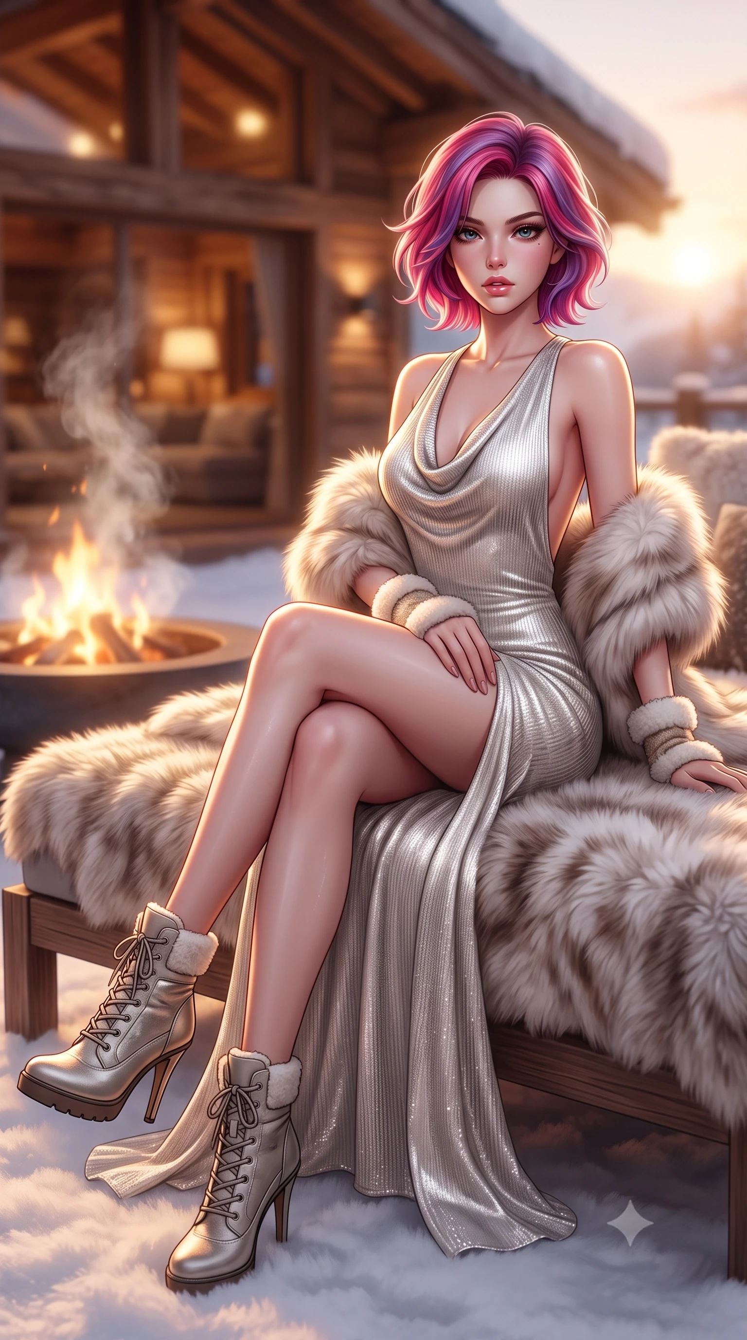 score_9, masterpiece, best quality, ultra-detailed, high-budget anime keyframe, semi-realistic 3D game render, editorial fashion photography, tasteful artistic composition, Caucasian woman. low angle full-body shot from head to toe showing her feet, filling the entire 9:16 vertical frame with her statuesque presence, stretching her vertical silhouette. sitting poised on the elevated edge with legs crossed and extended, her tall 8.5-heads proportions dominating the scene with effortless poise while reclining on an outdoor snow-view fur lounge daybed as steam rises, stretching her long slender legs in seductive comfort. The composition keeps background elements in soft focus with creamy bokeh. warm glowing chalet timber interiors and outdoor fire pit flames softened in cozy shallow depth of field. She has an absolutely perfect, statuesque 8.5-heads proportion, an exceptionally tall and slender model-like female figure with impossibly long slender legs, a toned flat midriff, and an ultra-slim waist. sharp v-shaped jawline, high-bridge nose, intricate jewel-like eyes with depth, thick eyelashes, glossy parted lips with a natural sheen, intensely captivating and seductive expression, flawlessly proportioned anatomical accuracy, strict slender model proportions, natural body alignment, perfectly sculpted long slender limbs, ultra-slim waistline, clean dynamic posture without body distortion. wearing a crystalline silver lamé cowl-neck gown with a deep back scoop and fur stole draped over her arms in arctic champagne cream and soft gold, knitted from ultra-soft fine Mongolian cashmere with body-contouring ribbing, complemented by plush shearling wrist warmers and stiletto snow boots, the sweeping couture drape swaying majestically with her steps, accentuating her tall statuesque limbs and slender waistline. surrounded by a glamorous, elite, and heart-meltingly alluring winter sanctuary goddess aura. highly saturated vibrant anime colors, detailed shading with soft gradients, rich glossy textures, high-contrast stereoscopic depth, volumetric dynamic lighting, master piece, 9:16 ratio