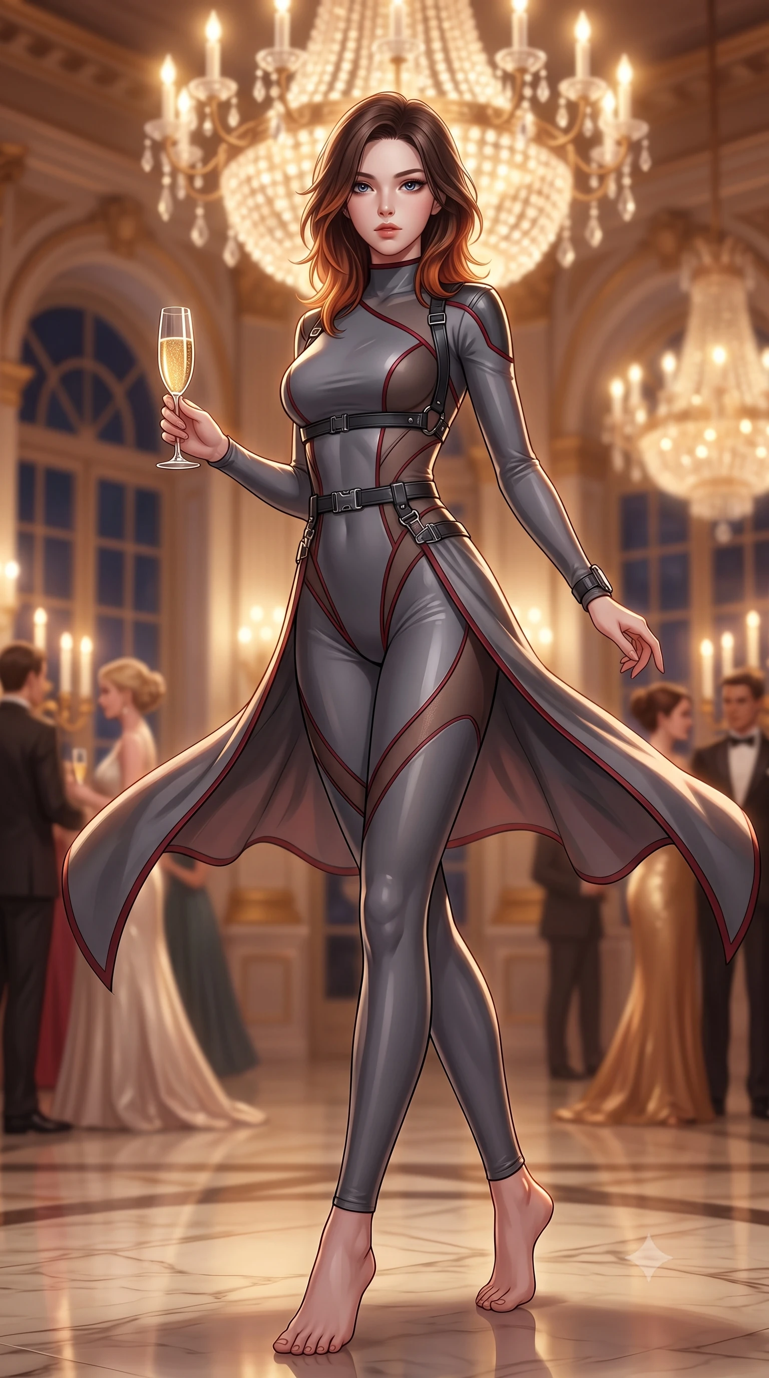 score_9, masterpiece, best quality, ultra-detailed, high-budget anime keyframe, semi-realistic 3D game render, editorial fashion photography, tasteful artistic composition, Korean woman. low angle full-body shot from head to toe showing her feet, filling the entire 9:16 vertical frame with her statuesque presence, stretching her vertical silhouette. executing an elegant mid-motion spin with effortless grace, her garments fluttering softly around her ultra-slim waistline while holding a crystal flute of sparkling champagne with delicate poise, her jewel-like eyes locked onto the viewer. The composition keeps background elements in soft focus with creamy bokeh. twirling ballroom gala guests and towering arched palace windows blurred into creamy champagne and amber bokeh. She has an absolutely perfect, statuesque 8.5-heads proportion, an exceptionally tall and slender model-like female figure with impossibly long slender legs, a toned flat midriff, and an ultra-slim waist. sharp v-shaped jawline, high-bridge nose, intricate jewel-like eyes with depth, thick eyelashes, glossy lips with a natural sheen, captivating and magnetic expression, flawlessly proportioned anatomical accuracy, strict slender model proportions, natural body alignment, perfectly sculpted long slender limbs, ultra-slim waistline, clean dynamic posture without body distortion. wearing a sharp asymmetrical spy bodysuit with sheer contouring mesh panels, reinforced strike shoulders, and utility waist harness in storm grey and dark scarlet trim, made of high-mobility liquid jersey and semi-opaque reinforced mesh, accented with concealed lockpick wristbands and polished dark chrome hardware edition #31, the liquid-tight tailored fabric emphasizing every curve of her tall, slender model proportions and sculptured silhouette during dynamic movement. bathed in warm glowing candlelight and radiant gold chandelier downlights. highly saturated vibrant anime colors, detailed shading with soft gradients, rich glossy textures, high-contrast stereoscopic depth, volumetric dynamic lighting, master piece, 9:16 ratio