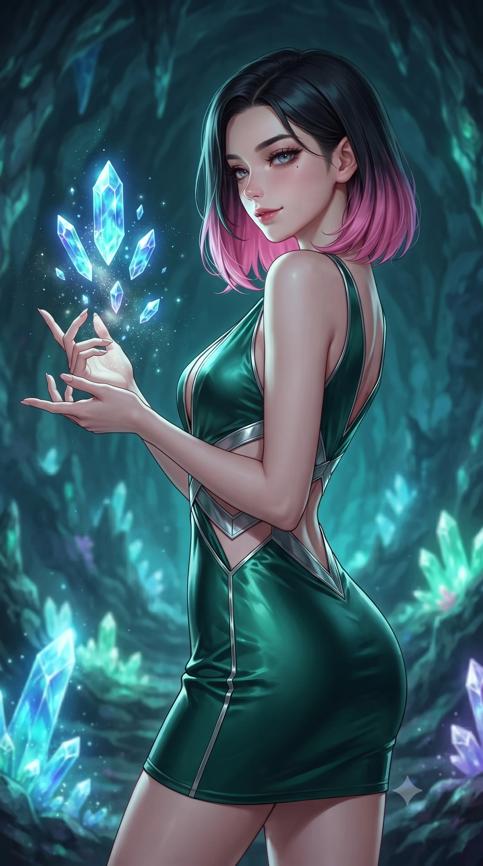 score_9, masterpiece, best quality, ultra-detailed, high-budget anime keyframe, editorial fashion photography, tasteful artistic composition, Korean woman. close-up cowboy shot from the waist and thighs up, the character dominates the composition, filling the frame with her large presence, background elements kept in soft focus. Glancing sidelong over her shoulder with a smoldering half-smile and heavy lashes guiding floating sapphire light crystals inside a deep mineral sanctuary, glowing mineral dust shimmering like stars in the quiet cavern air. She has an exceptionally elegant, slender, and willowy female figure with an ultra-slim waist, a gracefully sculpted slender torso, and a refined silhouette. sharp v-shaped jawline, high-bridge nose, intricate jewel-like eyes with depth, thick eyelashes, glossy lips with a natural sheen. wearing a liquid mercury gloss mini dress with ultra-deep V-neck and waist cutouts in deep emerald green and silver accent, crafted from smooth liquid silk, featuring subtle geometric cutouts that highlight her ultra-slim midriff, the sleek second-skin texture accentuating her magnetic presence. surrounded by a cool jewel-toned luminescence with bright specular rim lights. highly saturated vibrant anime colors, detailed shading with soft gradients, rich glossy textures, high-contrast stereoscopic depth, volumetric dynamic lighting, master piece, 9:16 ratio