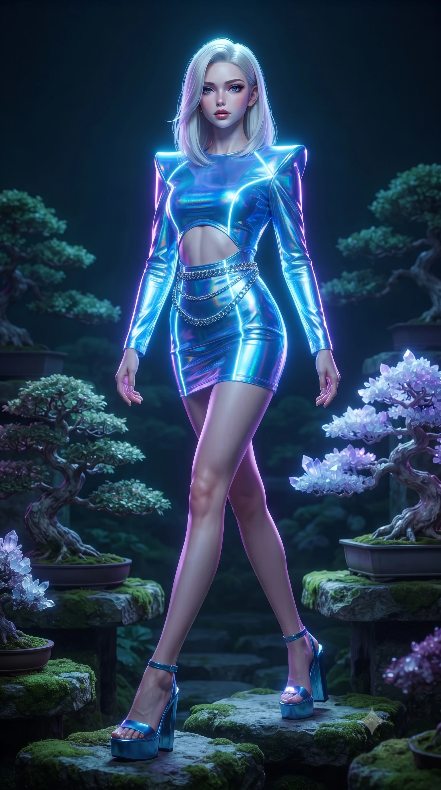 score_9, masterpiece, best quality, ultra-detailed, high-budget anime keyframe, editorial fashion photography, tasteful artistic composition, Caucasian woman, strictly human ears. low angle full-body shot from head to toe showing her feet, filling the entire 9:16 vertical frame with her statuesque presence, stretching her vertical silhouette. stepping elegantly through a meditation garden of ancient bonsai trees that have naturally petrified into crystal each preserving the perfect living form of a miniature tree in agate jasper and crystallized quartz on moss-covered stone platforms. She has a statuesque 8.5-heads proportion, an exceptionally tall, slender and willowy model-like build with impossibly long legs and a highly sculpted ultra-slim waist. sharp v-shaped jawline, high-bridge nose, intricate jewel-like eyes with depth, thick eyelashes, glossy lips with a natural sheen. wearing a holographic mini dress in electric blue, featuring structured shoulder pads, an exposed midriff, and a silver waist chain. brilliant cinematic volumetric lighting with intense neon rim light outlining her form. 2k, ultra detail, master piece, 9:16 ratio
