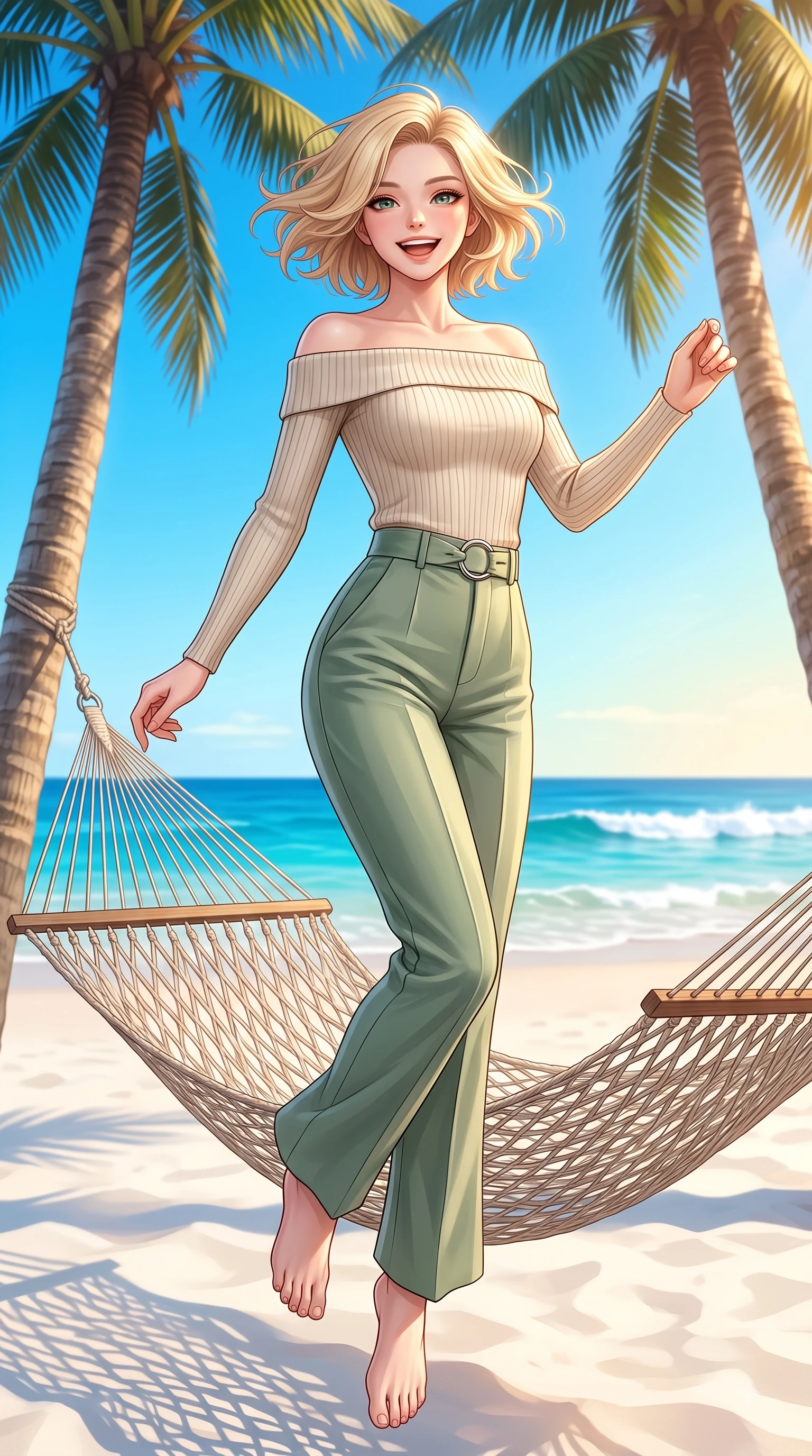score_9, masterpiece, best quality, ultra-detailed, high-budget anime keyframe, editorial fashion photography, tasteful artistic composition, Caucasian woman. low angle full-body shot from head to toe showing her feet, filling the entire 9:16 vertical frame with her statuesque presence, stretching her vertical silhouette. performing a cheerful mid-air rotation with flawless poise, her radiant smile capturing pure happy energy while lounging joyfully on a sea-facing hammock suspended between coconut palms at golden hour, soft white sand contrasting beautifully with rich ocean azure and vibrant sky blue hues. She has an absolutely perfect, statuesque 8.5-heads proportion, an exceptionally tall and slender model-like female figure with impossibly long slender legs and an ultra-slim waist. sharp v-shaped jawline, high-bridge nose, intricate jewel-like eyes with depth, thick eyelashes, glossy lips with a natural sheen, flawlessly proportioned anatomical accuracy, natural body alignment, perfectly sculpted elegant limbs, clean dynamic posture without body distortion. wearing a sleek off-shoulder ribbed knit top paired with high-waist tailored pants in sage green and oatmeal, crafted from smooth liquid silk, accented with delicate chrome ring hardware framing her waist, the tailored fabric tightly following every curve of her athletic build. surrounded by a bright, pristine beach ambiance with cheerful specular highlights. highly saturated vibrant anime colors, detailed shading with soft gradients, rich glossy textures, high-contrast stereoscopic depth, volumetric dynamic lighting, master piece, 9:16 ratio