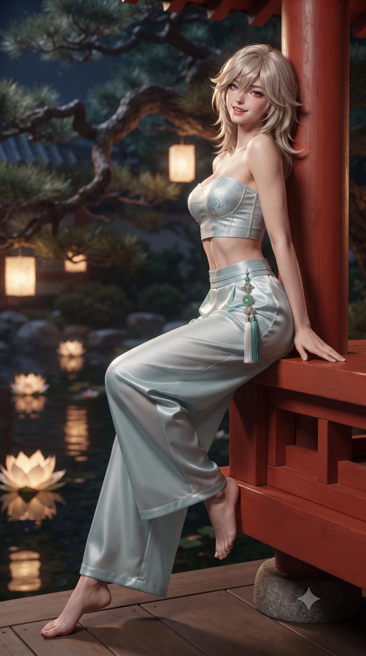 score_9, masterpiece, best quality, ultra-detailed, high-budget anime keyframe, editorial fashion photography, tasteful artistic composition, Japanese woman. low angle full-body shot from head to toe showing her feet, filling the entire 9:16 vertical frame with her statuesque presence, stretching her vertical silhouette. sitting perched on the elevated pavilion terrace edge with legs crossed and hips angled toward the camera, displaying her toned midriff and long slender limbs with joyful, coquettish charm while leaning against a vermilion wooden pillar with hips cocked back, looking over a bare shoulder with an alluring, coquettish smile through drifting night mist. The background shows a soft-focus ancient gnarled pine branches and floating paper lotus lanterns softened in royal Joseon shallow focus. She has an absolutely perfect, statuesque 8.5-heads proportion, an exceptionally tall and slender model-like female figure with impossibly long slender legs, an ultra-slim waist, a flat toned midriff, narrow delicate ribcage, and beautifully sculpted feminine hips creating a graceful, slim hourglass silhouette without any bulky heaviness. sharp v-shaped jawline, high-bridge nose, intricate jewel-like dark sparkling almond eyes with depth, thick lashes, glossy parted lips with a natural rose-plum sheen, bright alluring and coquettish smile with bedroom-eyes, exuding both timeless oriental elegance and sovereign high-fashion allure, flawlessly proportioned anatomical accuracy, strict slender model proportions, natural body alignment, perfectly sculpted long slender limbs, ultra-slim waistline, clean dynamic posture without body distortion. wearing a strapless structured silk brocade bustier top paired with flowing wide-leg satin palazzo trousers cinched at the waist in pure celadon porcelain blue and cloud white, made of sheer technical micro-mesh with contouring shadow effects, finished with an ornate modern norigae tassel with polished jade and chrome charms resting on her curvy hips, the liquid-tight tailored silk fabric clinging flawlessly to her narrow waist and rounded feminine hips, emphasizing every millimeter of her sculpted slim hourglass curves without any bulky heaviness. illuminated by warm paper lantern reflections on the pond water and sharp platinum rim lights defining her razor-sharp jawline, narrow waist, and curvy hips. ultra-reflective glossy finish, specular highlights, rich textural contrasts, high-contrast stereoscopic depth, volumetric dynamic lighting, 2k, ultra detail, master piece, 9:16 ratio
