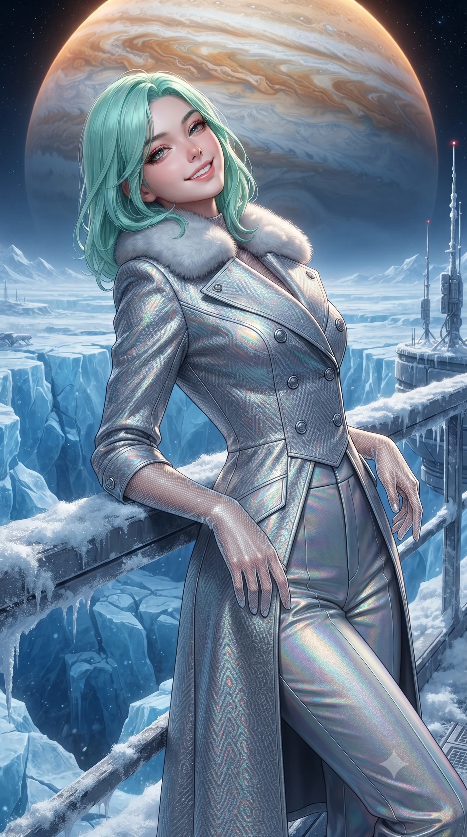 score_9, masterpiece, best quality, ultra-detailed, high-budget anime keyframe, editorial fashion photography, tasteful artistic composition, Japanese woman. close-up cowboy shot from the waist and thighs up, the character dominates the composition, filling the frame with her large presence. leaning back against the balustrade with relaxed seductive grace, head tilted back slightly while casting a hypnotic, heavy-lidded gaze while standing poised on the snow-sculpted balcony overlooking jagged blue ice crevasses on Europa's surface, arching her back with siren poise as the colossal striped disk of Jupiter fills the heavens. The surrounding environment is rendered in vivid detail and crisp panoramic clarity: sharp translucent blue ice crystal fractures, snow-crust textures on titanium railings, and tactical telemetry antennas in deep focus. She has an exceptionally elegant, slender, and willowy female figure with an ultra-slim waist, flat toned midriff, narrow ribcage, and sculpted feminine hips creating an alluring, slim hourglass silhouette without bulk. sharp v-shaped jawline, high-bridge nose, intricate jewel-like sparkling eyes with depth, thick eyelashes, glossy parted lips with a natural peach sheen, bright cheerful beaming smile with an enchanting and coquettish sensual glint, exuding both youthful cute charm and seductive allure, flawlessly proportioned anatomical accuracy, strict slender model proportions, natural body alignment, perfectly sculpted long slender limbs, ultra-slim waistline, clean dynamic posture without body distortion. wearing a futuristic double-breasted arctic combat officer greatcoat with thermal fur-lined collar and tailored wool trousers in iridescent mother-of-pearl and liquid molten silver, woven from structured carbon-fiber jacquard with rich textural depth, complemented by sheer opera-length evening gloves tracing her slender arms, the impeccably tailored cut draping gracefully along her slender figure with aristocratic poise. illuminated by snow reflection bounce and sharp Jupiter-amber rim lights sculpting her razor-sharp jawline, narrow waist, and curvy hips. ultra-reflective glossy finish, specular highlights, rich textural contrasts, high-contrast stereoscopic depth, volumetric dynamic lighting, 2k, ultra detail, master piece, 9:16 ratio