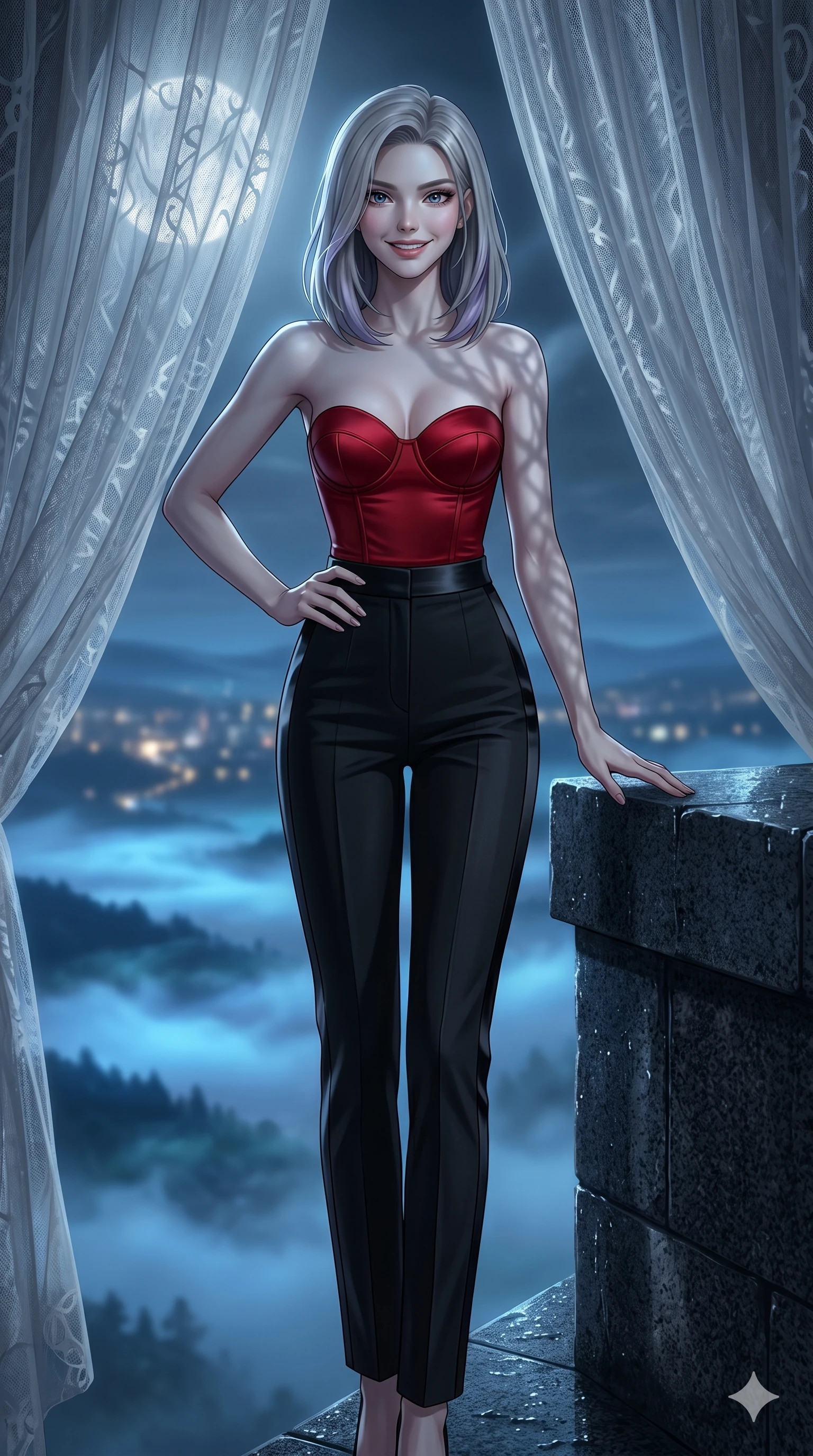 score_9, masterpiece, best quality, ultra-detailed, high-budget anime keyframe, editorial fashion photography, tasteful artistic composition, Caucasian woman, strictly human ears. cowboy shot from the thighs up, character and outfit filling the frame for maximum editorial presence. Smiling with quiet, magnetic self-assurance directly into the camera atop a tower of dark granite overlooking a valley covered in glowing blue fog. She has an absolutely perfect 8-heads proportion, an exceptionally tall and slender female figure with impossibly long slender legs and an ultra-slim waist. V-shaped jawline, high-bridge nose, intricate jewel-like eyes with depth, thick eyelashes, glossy lips with a natural sheen. wearing a structured bustier in scarlet red satin, paired with high-waist black tailored trousers with a satin stripe down the leg. bathed in cold silver moonlight filtered through translucent gossamer curtains casting soft shadows on her curves. 2k, ultra detail, master piece, 9:16 ratio