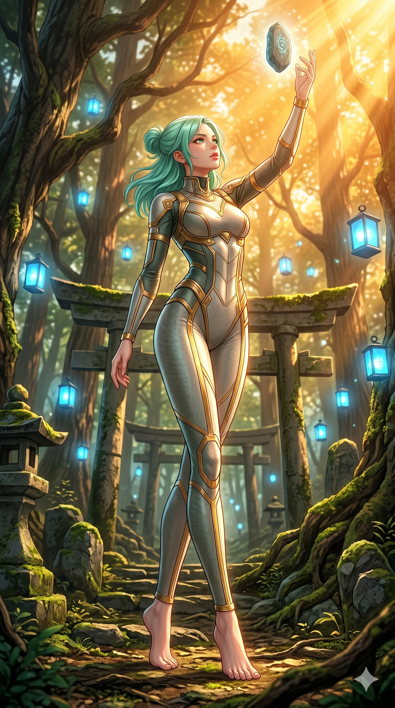 score_9, masterpiece, best quality, ultra-detailed, high-budget anime keyframe, editorial fashion photography, tasteful artistic composition, Japanese woman. low angle full-body shot from head to toe showing her feet, filling the entire 9:16 vertical frame with her statuesque presence, stretching her vertical silhouette. gazing at a floating runestone, her expression composed, intelligent and powerful inside a sacred forest with glowing blue floating lanterns at dusk (Code-P18-053). She has an absolutely perfect 8-heads proportion, an exceptionally tall and slender female figure with impossibly long slender legs and an ultra-slim waist. V-shaped jawline, high-bridge nose, intricate jewel-like eyes with depth, thick eyelashes, glossy lips with a natural sheen. wearing a structured high-neck pilot suit with gold accents. drenched in brilliant afternoon sunshine, casting warm rays that trace her athletic build. 2k, ultra detail, master piece, 9:16 ratio