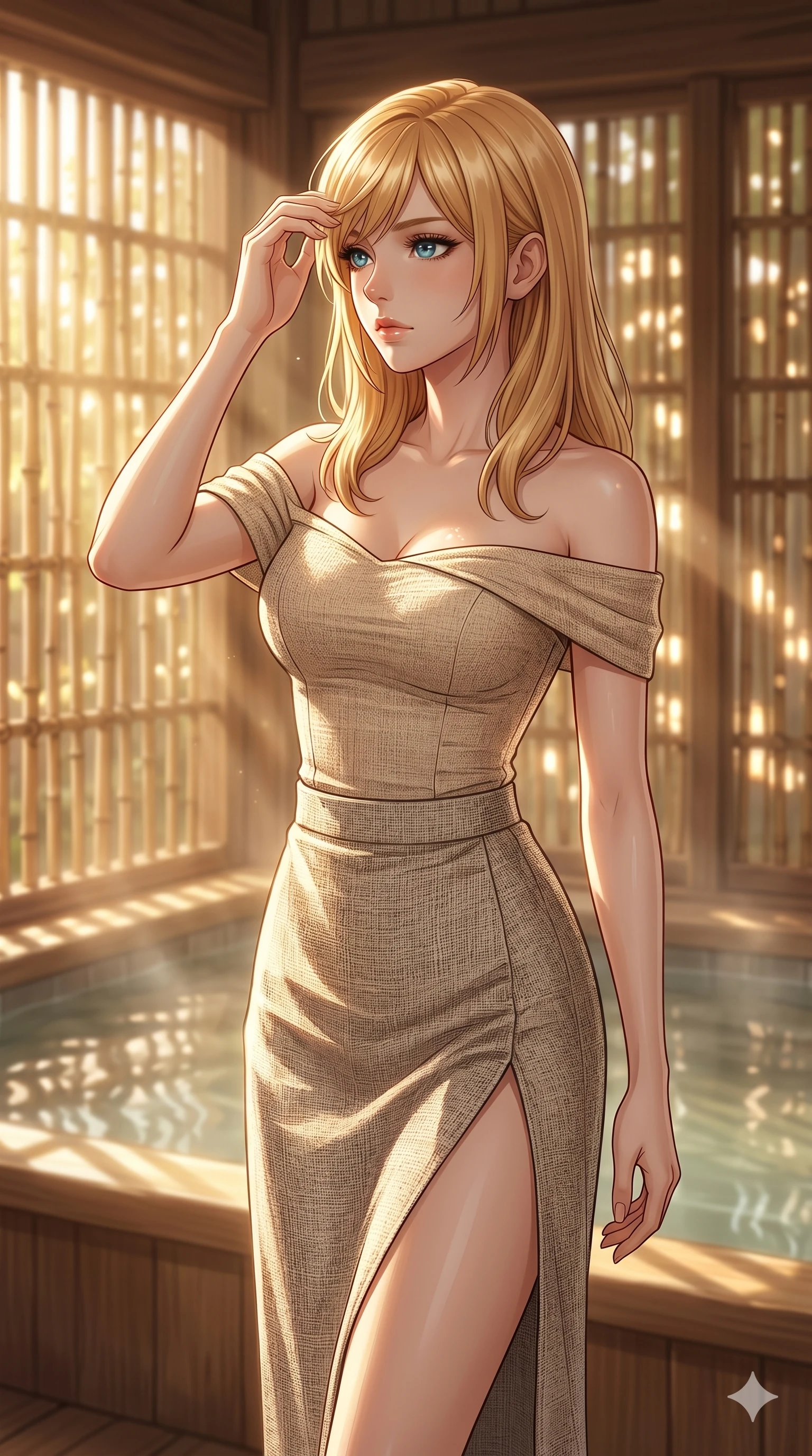 score_9, masterpiece, best quality, ultra-detailed, high-budget anime keyframe, editorial fashion photography, tasteful artistic composition, Caucasian woman, strictly human ears. cowboy shot from the thighs up, character and outfit filling the frame for maximum editorial presence. wiping a lock of hair from her forehead, her expression cool and contemplative as she turns her head in a private hot spring pavilion with warm sunlight filtering through bamboo partitions (Code-P019). She has an absolutely perfect 8-heads proportion, an exceptionally tall and slender female figure with impossibly long slender legs and an ultra-slim waist. V-shaped jawline, high-bridge nose, intricate jewel-like eyes with depth, thick eyelashes, glossy lips with a natural sheen. wearing a beige off-shoulder top showing her elegant clavicle lines, and a split linen skirt. bathed in soft morning sunbeams flowing into the room, creating a bright, glowing atmosphere. 2k, ultra detail, master piece, 9:16 ratio